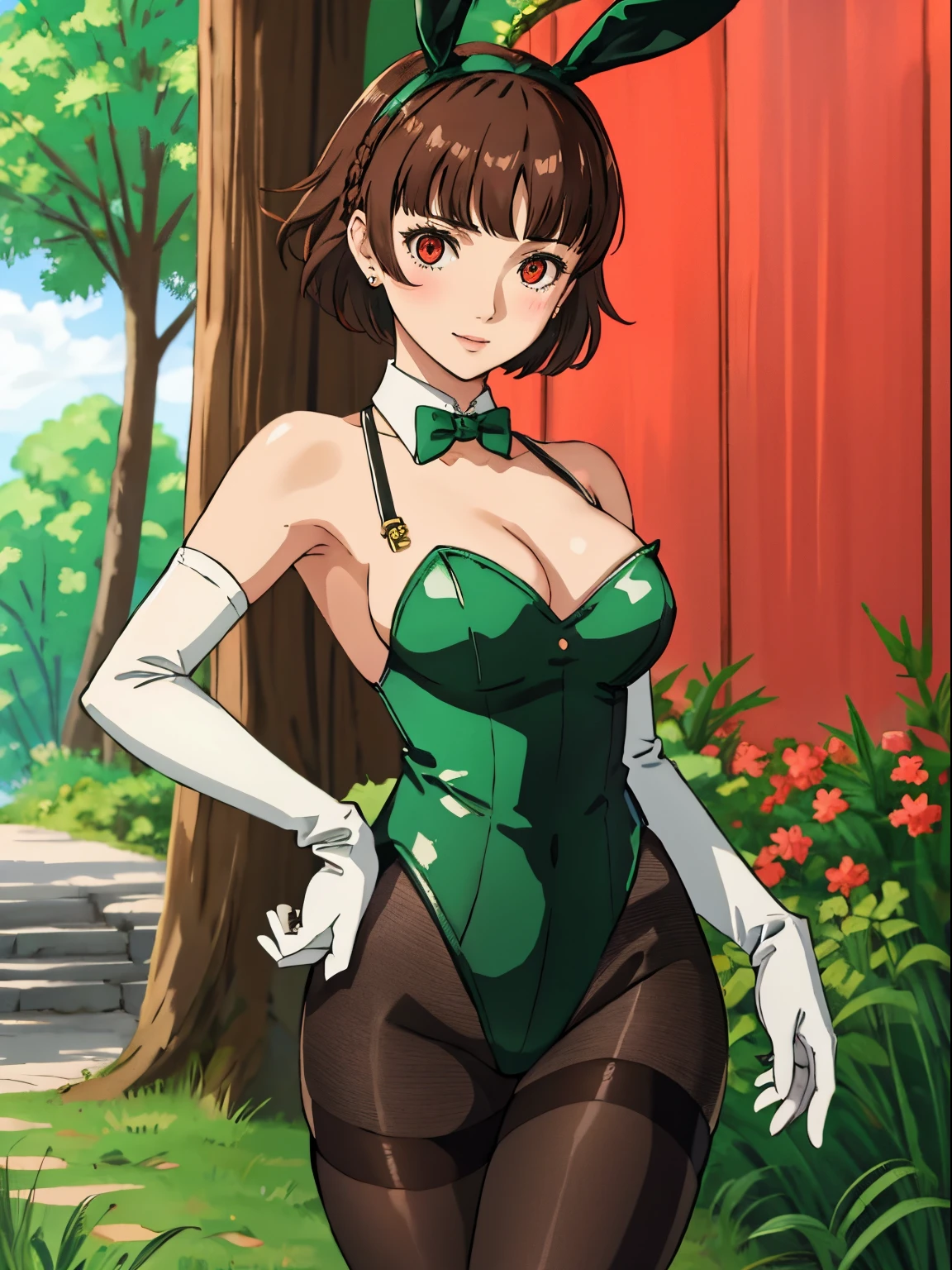 makoto nijima, blunt bangs, braid, brown hair, crown braid, (red eyes:1.3), short hair,, 1girl, solo, breasts, looking at viewer, blush, large breasts, nature, pond, trees, park, long white elbow satin gloves, holding, animal ears, cleavage, bare shoulders, jewelry, very long hair, gentle smile, pantyhose, earrings, rabbit ears, green leotard, fake animal ears, playboy bunny, long white gloves