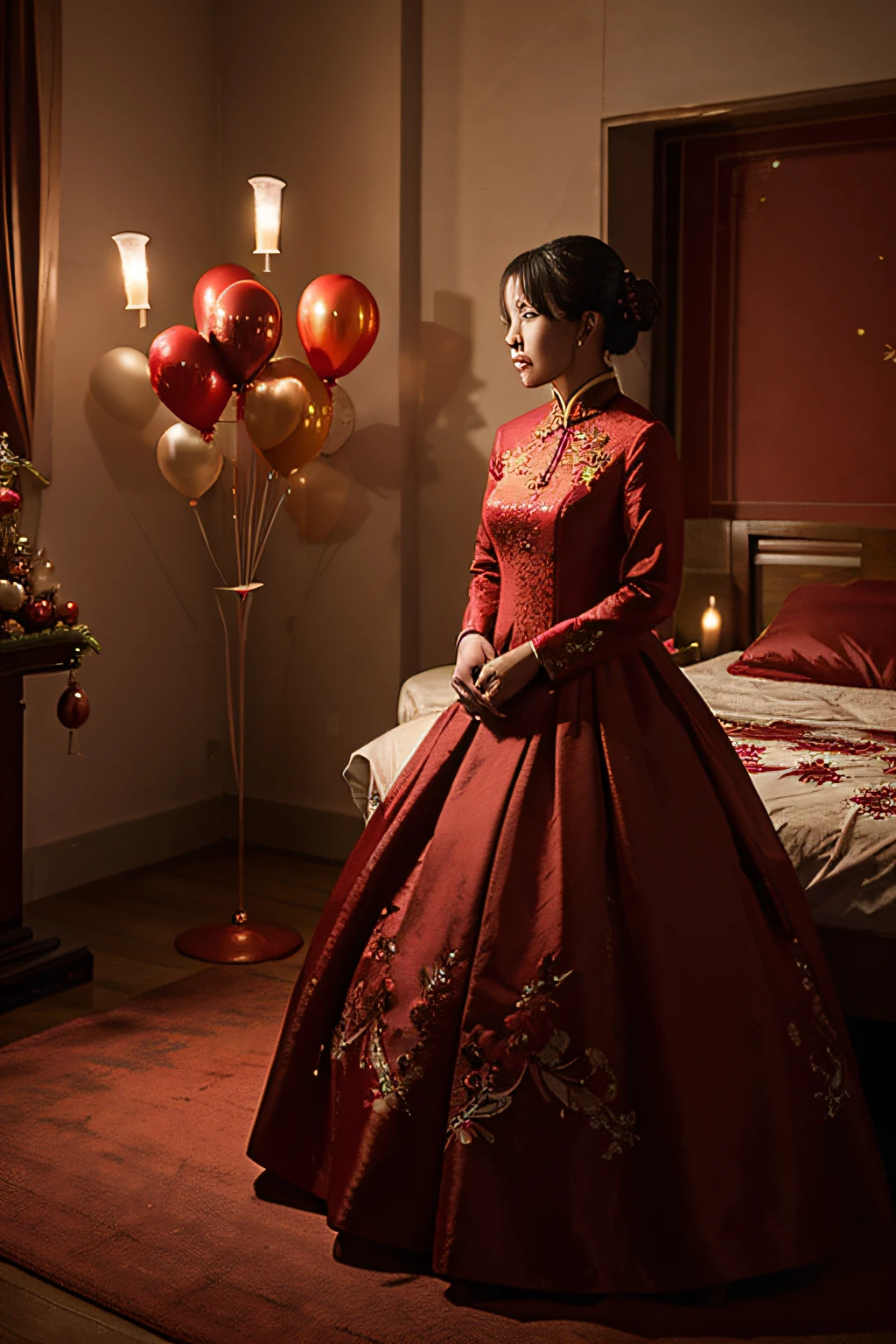 A Chinese woman in a red wedding dress, standing in a room with a festive atmosphere, with candles and balloons