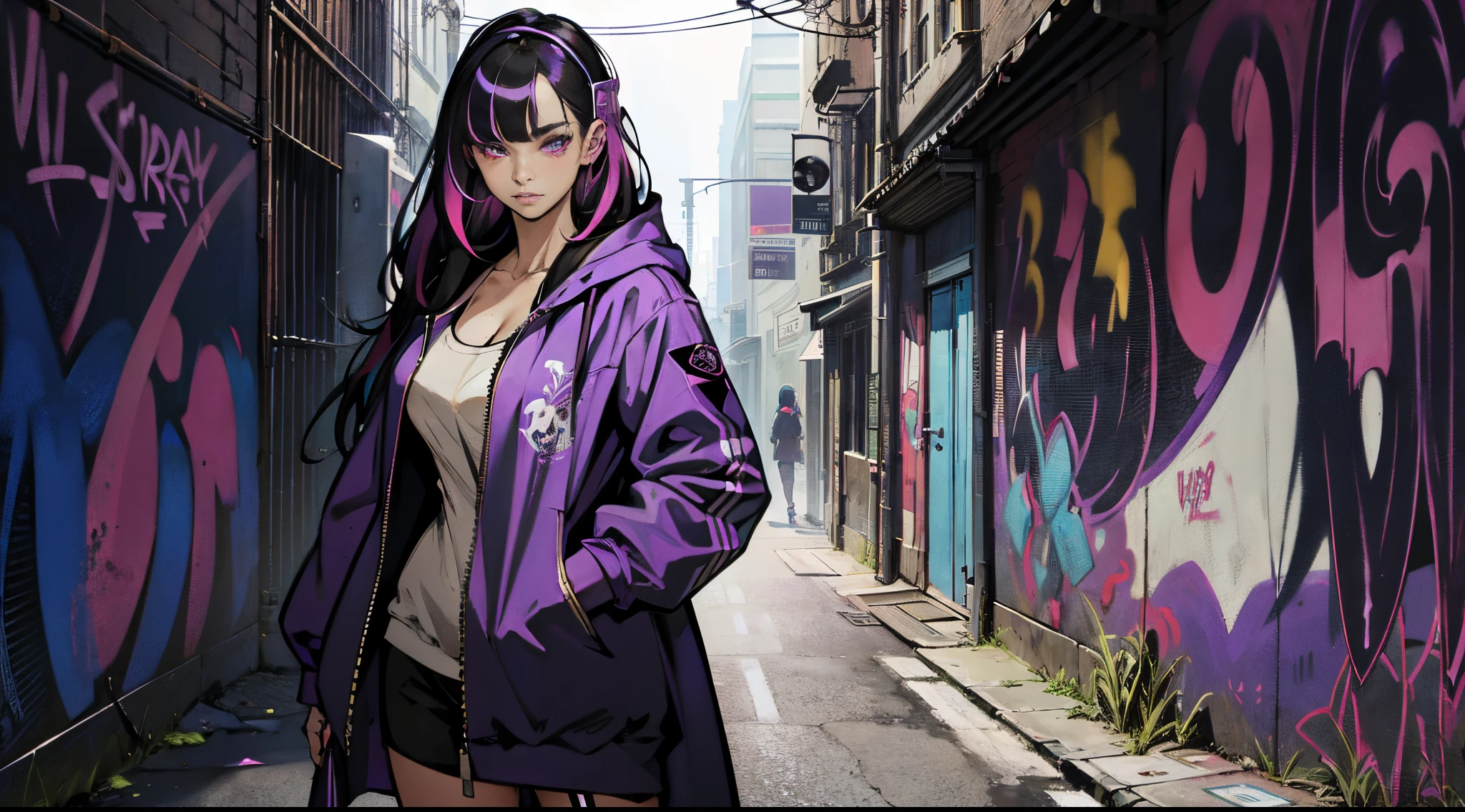 (masterpiece), 1girl, beautiful face, perfect face, beauty of a goddess, ((ultra detailed eyes)), clear eyes, ((glowing purple eyes)), (streaked hair), unzipped coat, front bangs, standing in front of a graffiti-covered wall, graffiti of a dragon on the wall, street fashion, sneakers, head to toes, wearing headphones, striking a pose, looking at viewer