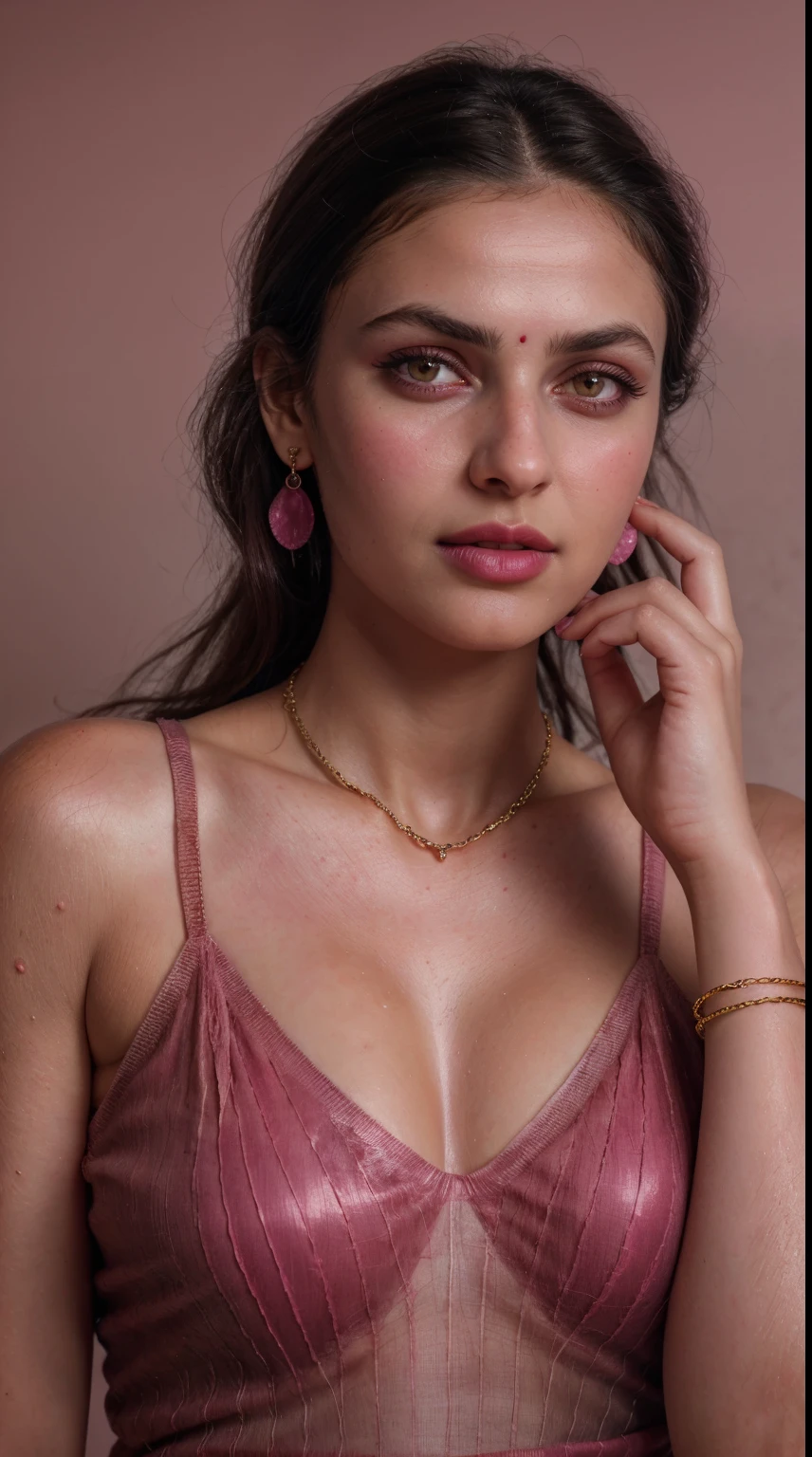 Salwar Kameez dark pink color, (RAW photo, realism: 1.8), (very dark pink lip gloss, jet dark pink lipstick, realistic eyelashes, dark brown eye shadow, shy, blushing, high quality, high resolution, depth of field, chromatic aberration, caustic, wide light, natural colors, 25 year old woman), necklaces, chokers, earrings, nose pin, bracelets, soft skin, fair pink skin, small breasts size, oily shine skin, slime nose, soft skin,