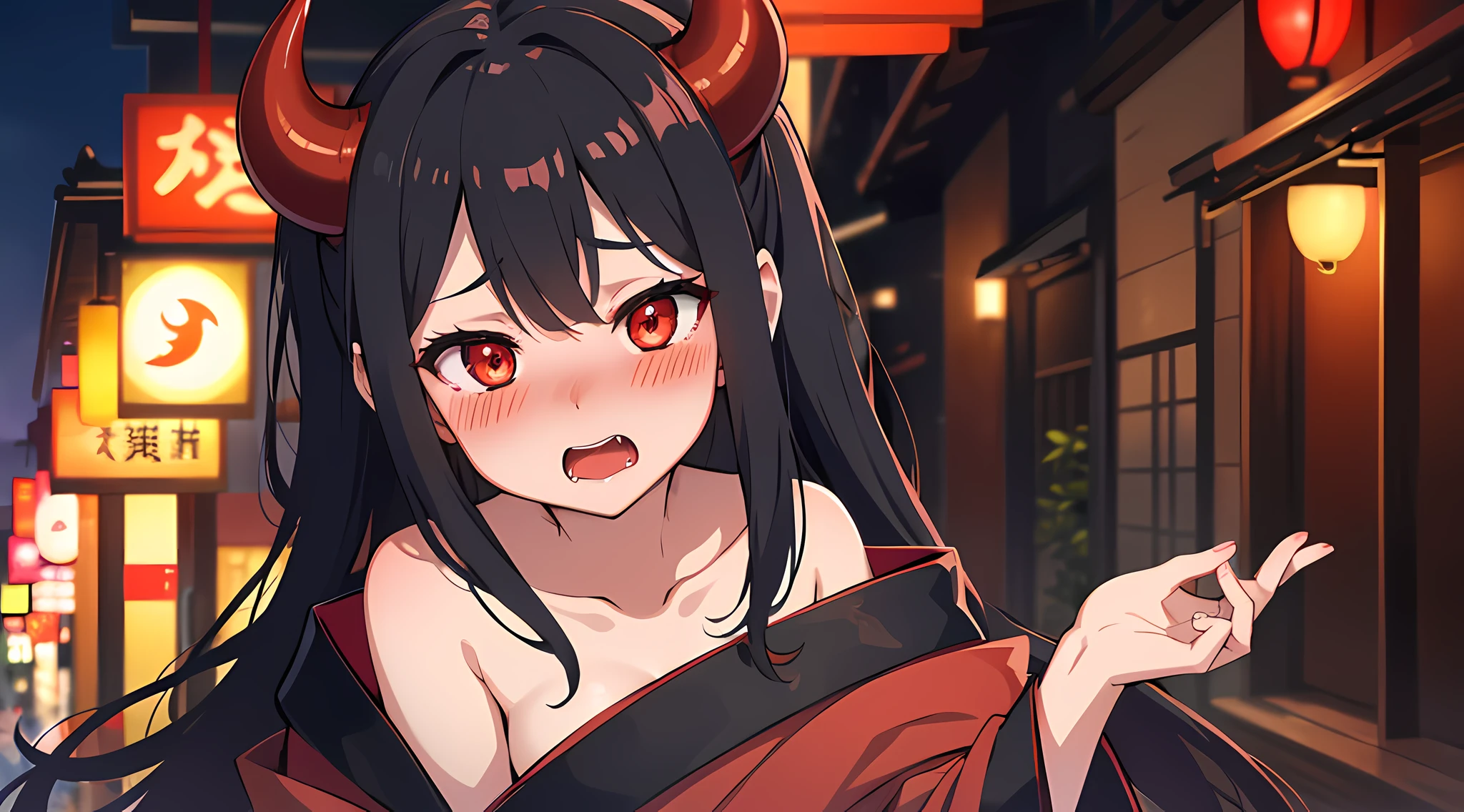 (1 demon girl), front lighting, demon horns, red kimono, big breast, cleavage, detailed face, walking in suburbs area at year 1800, black hair, black hairpins, (blushing: 1.5), open mouth, hand, licking finger, heart eyes, (full body except foot), front lighting, 8k, masterpiece, ultra HD,