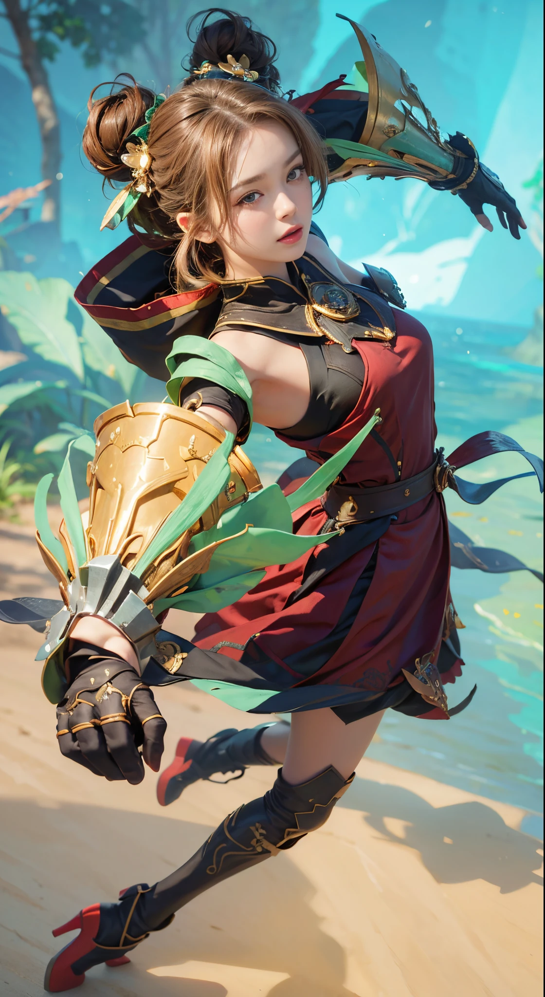 best quality, masterpiece, highres, 1girl,dress,hair ornament, twin bun, ( hand armor) ,Beautiful face,upon_body, tyndall effect,photorealistic, dark studio, rim lighting, two tone lighting,(high detailed skin:1.2), 8k uhd, dslr, soft lighting,Photograph, high resolution, 4k, 8k, Bokeh,looking at viewer