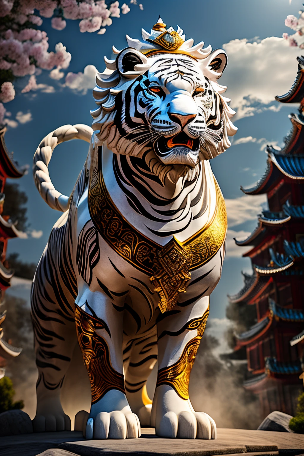 Best quality，tmasterpiece，超高分辨率，1（long：1.2），（finely：1.2），the white tiger，Chinese totem white tiger，china idol，Ancient divine beasts，（The texture is very real：1.2），（glowing white tiger：1.2），（Real details：1.2），（[the street|Lateral face]：1.1），HighDynamicRange，