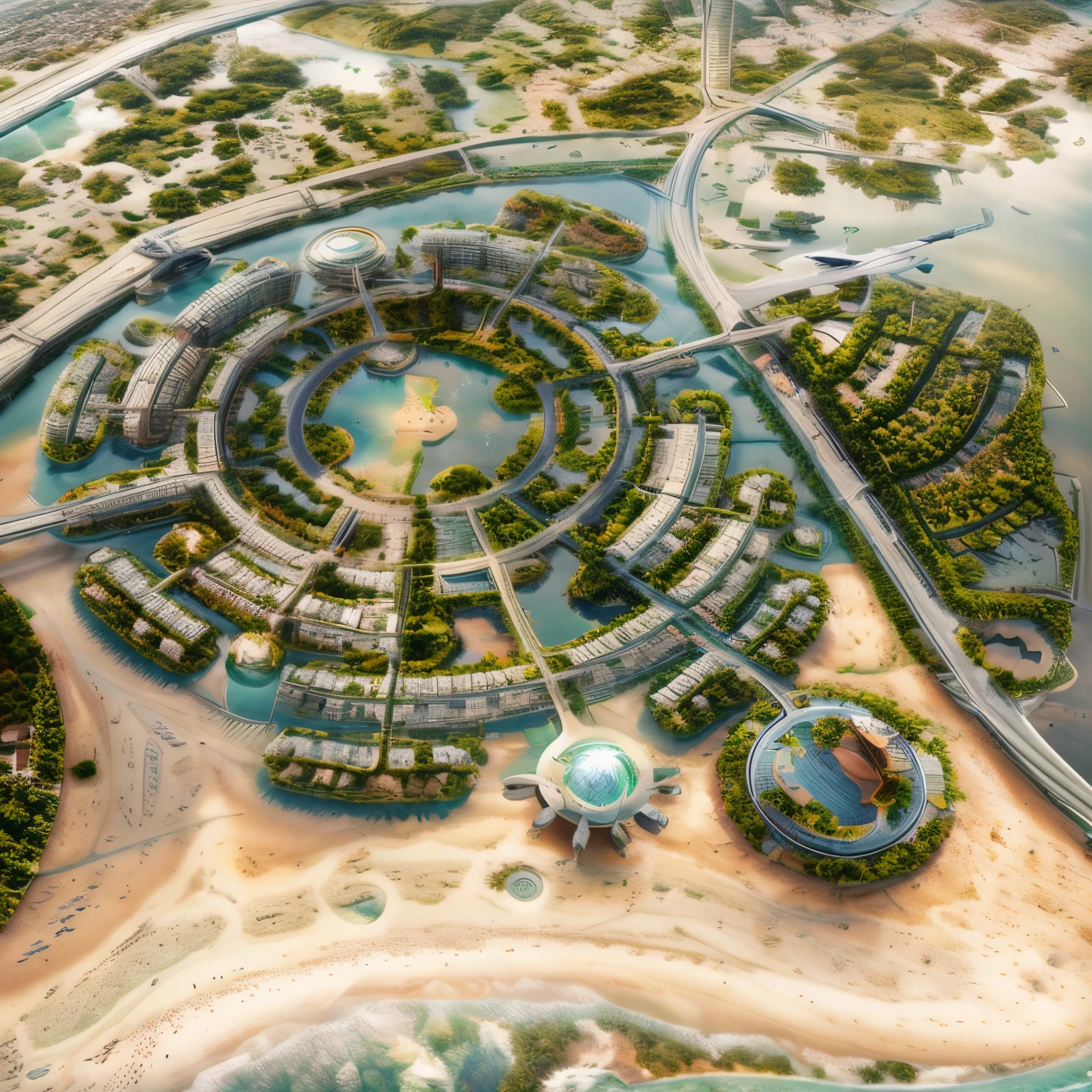 arafed aerial view of a resort complex with a river and a bridge, dubai, above view, aerial illustration, conceptual, bird's eye view, floating city, hyperdetailed!, mixed development, birds eye view, solarpunk village, a digital rendering, big!!!!!!!!!!!!, sprawling, port city, flat, floating city in the sky, russian city of the future