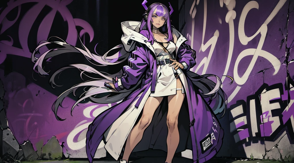 (masterpiece), 1girl, beautiful face, perfect face, beauty of a goddess, ((ultra detailed eyes)), clear eyes, ((glowing purple eyes)), (streaked hair), unzipped coat, front bangs, standing in front of a graffiti-covered wall, graffiti of a dragon on the wall, street fashion, sneakers, head to toes, wearing headphones, striking a pose, looking at viewer