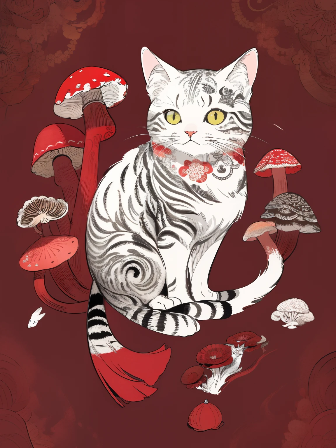 (Yaw:1.2)、(line-drawing)、line-drawing、Pen drawing、(Tattoo patterns:1.2)、(complex lines)、(masterpiece)、(top-quality:1.1)、(ultra-detailliert)、The best illustrations、finely detail、hand-drawn high quality、highly contrast、(Clean lines:1.3)、Ligneclair、A little cat is surrounded by red mushrooms、(intricate-detail:1.3)、(detailedbackground:1.2)、(coloured background:1.1)、Sketched,intricate detailes,hight resolution