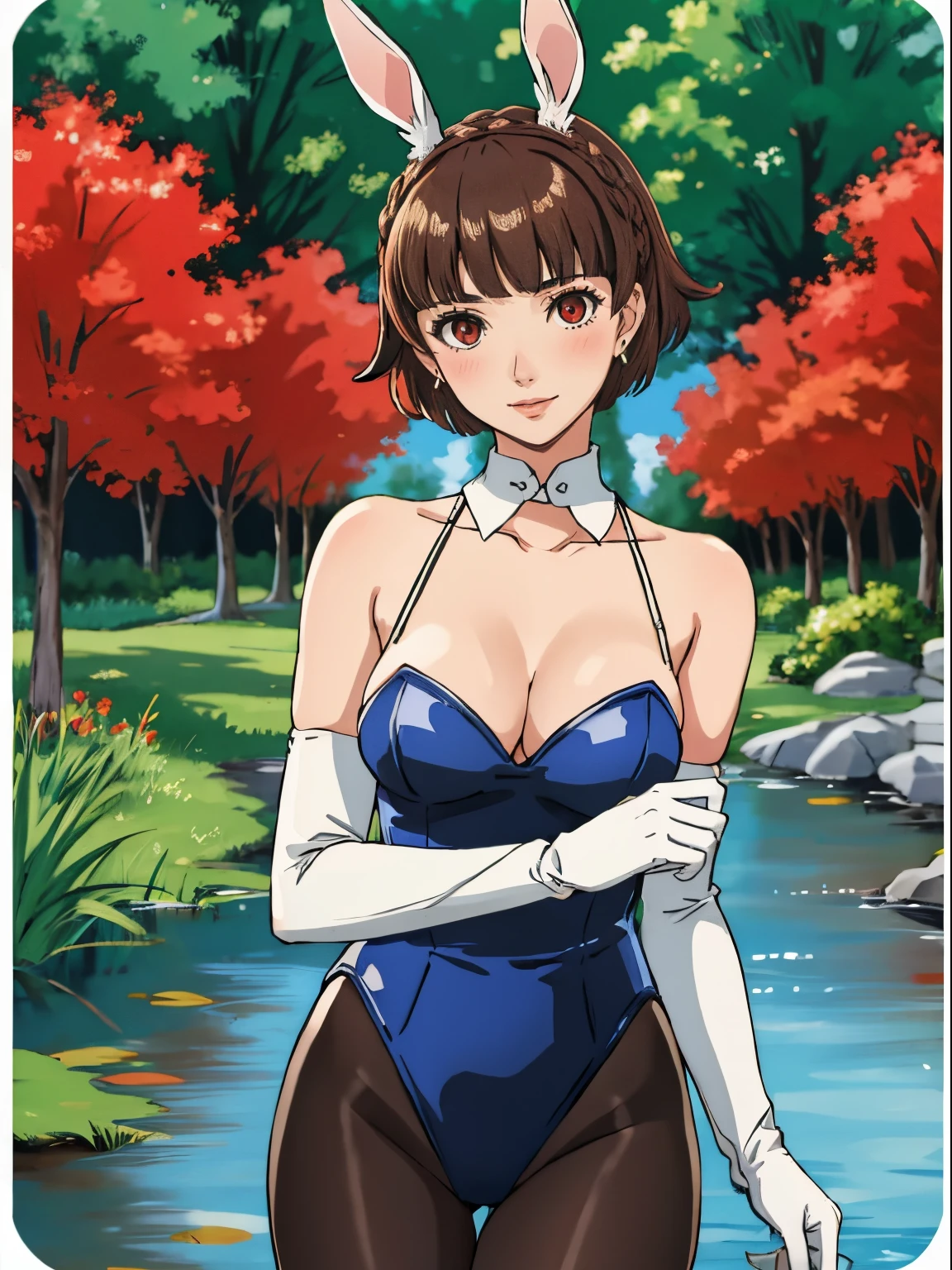 makoto nijima, blunt bangs, braid, brown hair, crown braid, (red eyes:1.3), short hair,, 1girl, solo, breasts, looking at viewer, blush, large breasts, nature, pond, trees, park, long white elbow satin gloves, holding, animal ears, cleavage, bare shoulders, jewelry, very l, gentle smile, pantyhose, earrings, rabbit ears, blue leotard, fake animal ears, playboy bunny, long white gloves