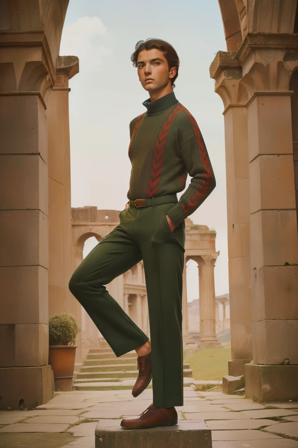 1965, Italy. Pre-raphaelite ((((18-year-old)) Gigi)), rascal young man, on a pedestal, telling stories, in a roman anphitheatre, ruins, ((((casual Clothing from the 1960s, trousers and sweater)))), ((Hairstyle of the 1960s)), ((Wes Anderson cinematic style)), colorful