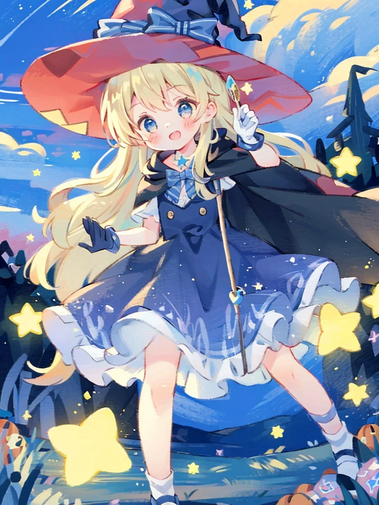 ((masterpiece:1.2, best quality)), 1girl, solo, (witch hat), a close up of a girl with curly hair, dress, aurora, night, star (sky), gloves, sky, dress, night sky, open mouth, starry sky, light blue eyes, ribbons, smile, cape, colorful hair, magic, casting spell, night, (impressionism:1.4), alphonse mucha, Halloween colors, colorful candy, magical lights, pumpkins, candies