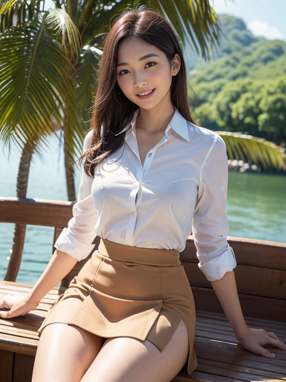 ((top-quality、in 8K、​masterpiece:1.3、Raw photo))、Super high quality photos, ((Aerial Photography)), On a small boat sailing through a tropical jungle, ((Wearing a business suit with jacket and skirt)), ((Beautiful Japanese woman sitting on a boat)),((Wear a white blouse shirt under the jacket)), ((Perfect beauty 20 year old idol Japan woman)), ((a smile)), ((Mouth open)), ((protruding nipples under the shirt,,)), ((slim figure)), ((Slim legs)), ((slim thigh)), (Photorealistic: 1.4), (Ultra-high detail), (hyper realisitic: 1.4), (Realistic: 1.3), (Smooth lighting: 1.05), Full body, 1girl in, Solo, (Japanese actressl),　20yr old, cinematlic lighting, ((Leaner figure)), Good anatomy, Correct anatomy, On a small boat sailing through a tropical jungle, ((Perfect beauty 20 year old idol Japan woman)), ((Slim legs)), ((slim thigh)), ,((Perfect beauty)), ((He has a small camping bag in one hand.)), ((Panties are visible through the skirt)), ((a smile)), ((camel's toe)), ((Wearing a business suit with jacket and skirt)), ((Hands on the crotch)). ((Aerial Photography)), (((Mouth open))), ((Wearing a skirt)), ((camel's toe)),  ((I&#39;m pulling down my flipped up skirt with my hands)),