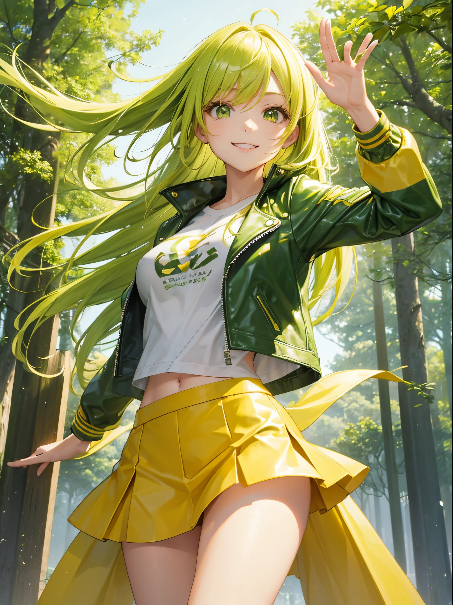 master piece,best quality, Solo woman, cute, dynamic pose,yellow green leather jacket, white tight T-shirt, yellow green tight skirt, shy smile, yellow green hair, long hair, waving in a strong wind hair,yellow green forest