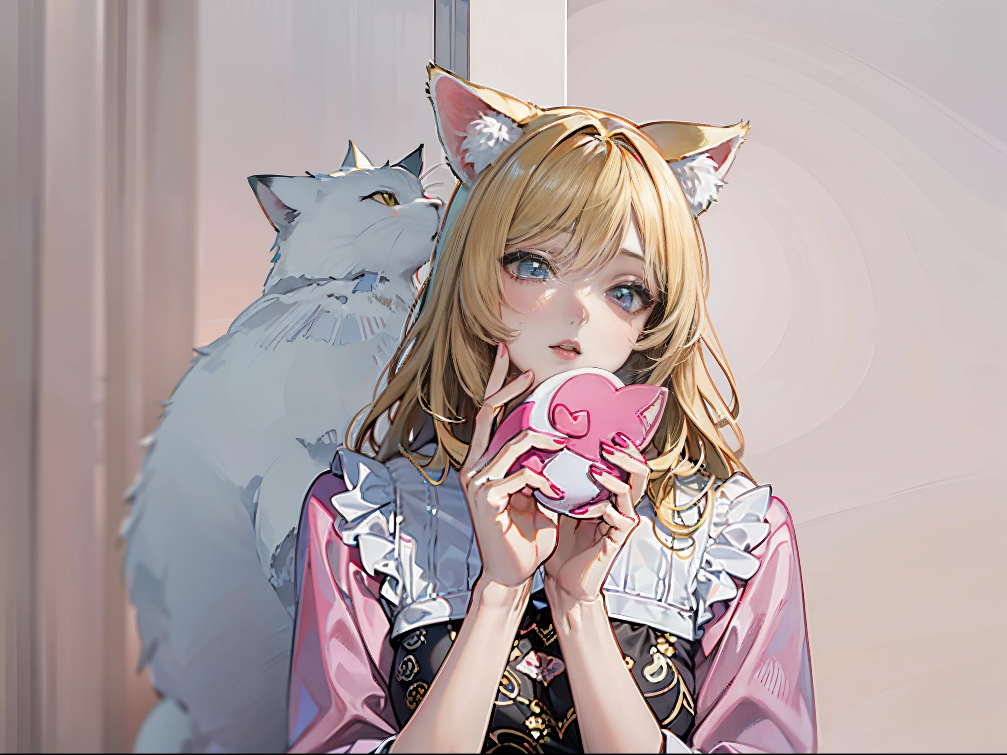 Blonde woman,Has cat ears,Holding pink cat toy in hand, White fox ears, Girl with cat ears, anime cat girl,Beautiful young catwoman, attractive cat girl, woman with cat ears