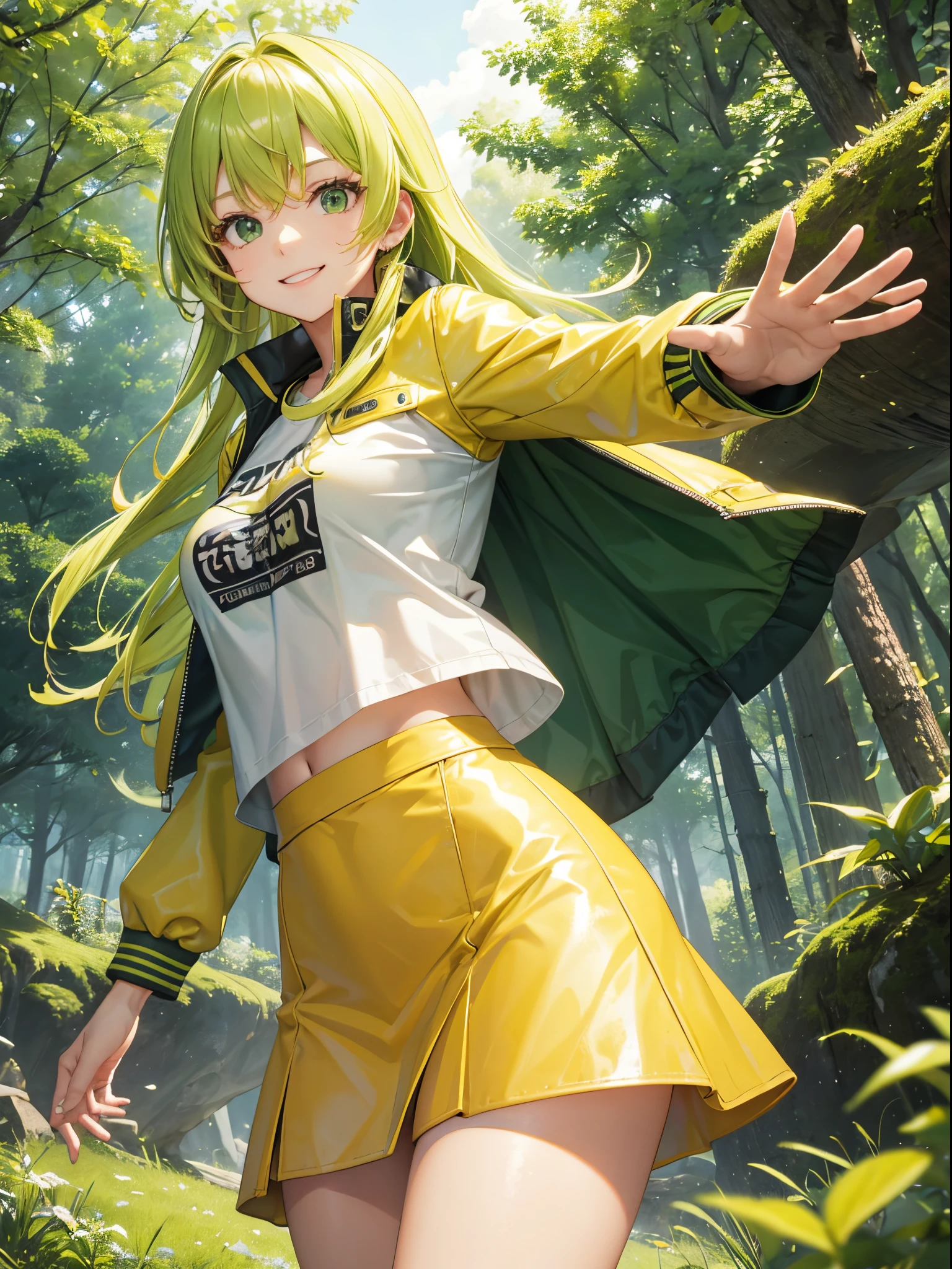 master piece,best quality, Solo woman, cute, dynamic pose,yellow green leather jacket, white tight T-shirt, yellow green tight skirt, shy smile, yellow green hair, long hair, waving in a strong wind hair,yellow green forest