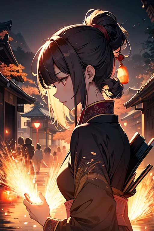 snapshot (esp. of people), (high resolution), Various angles, (Uplifting), monster, (Contour), Oriental painting, warm color, Japanese carving, Fusion with Magic, light particles, shadow, Behind the Spirit, eerie, Cursed girl