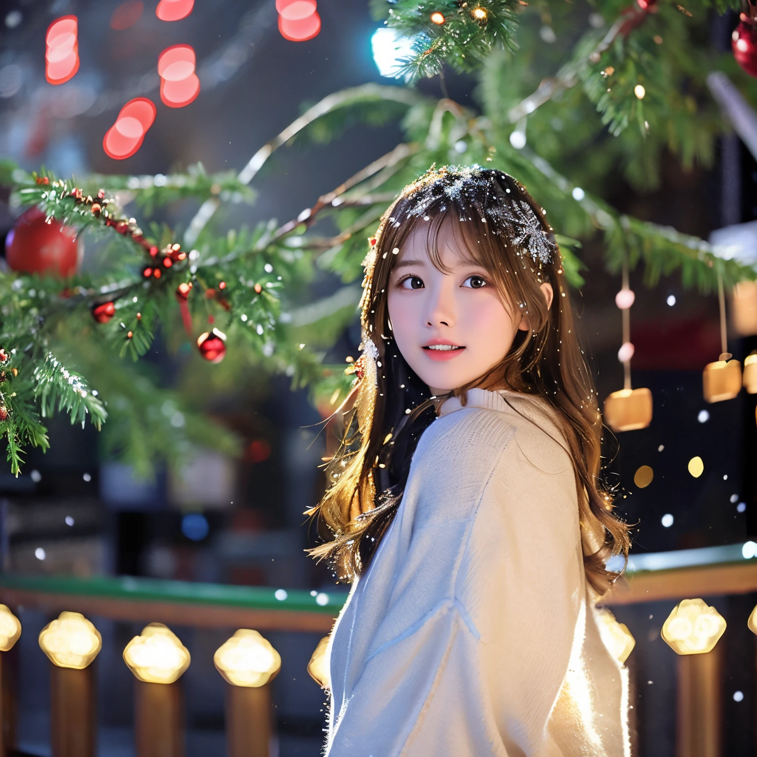 Christmas Lights、Christmas tree、glinting, Gorgeous,Sparkling Christmas trees decorated with illuminations on the cityscape.It's snowing、Look up at the sky and wait for your lover