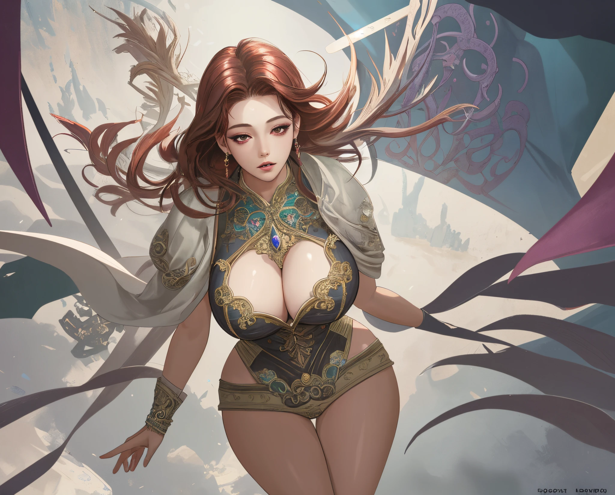 (masterpiece:1.2, best quality), (real picture, intricate details, depth of field), (1girl, solo, perfect body), (:1.3), , thick thighs, wide , make up, , parted lips, heart, realistic, shiny skin, highly-detailed, perfect face, dynamic pose, dynamic angle, jewelry, (from directly above), fantasy world, complex background, (ulzzang-6500-v1.1:0.6), (PureErosFace_V1:0.6)