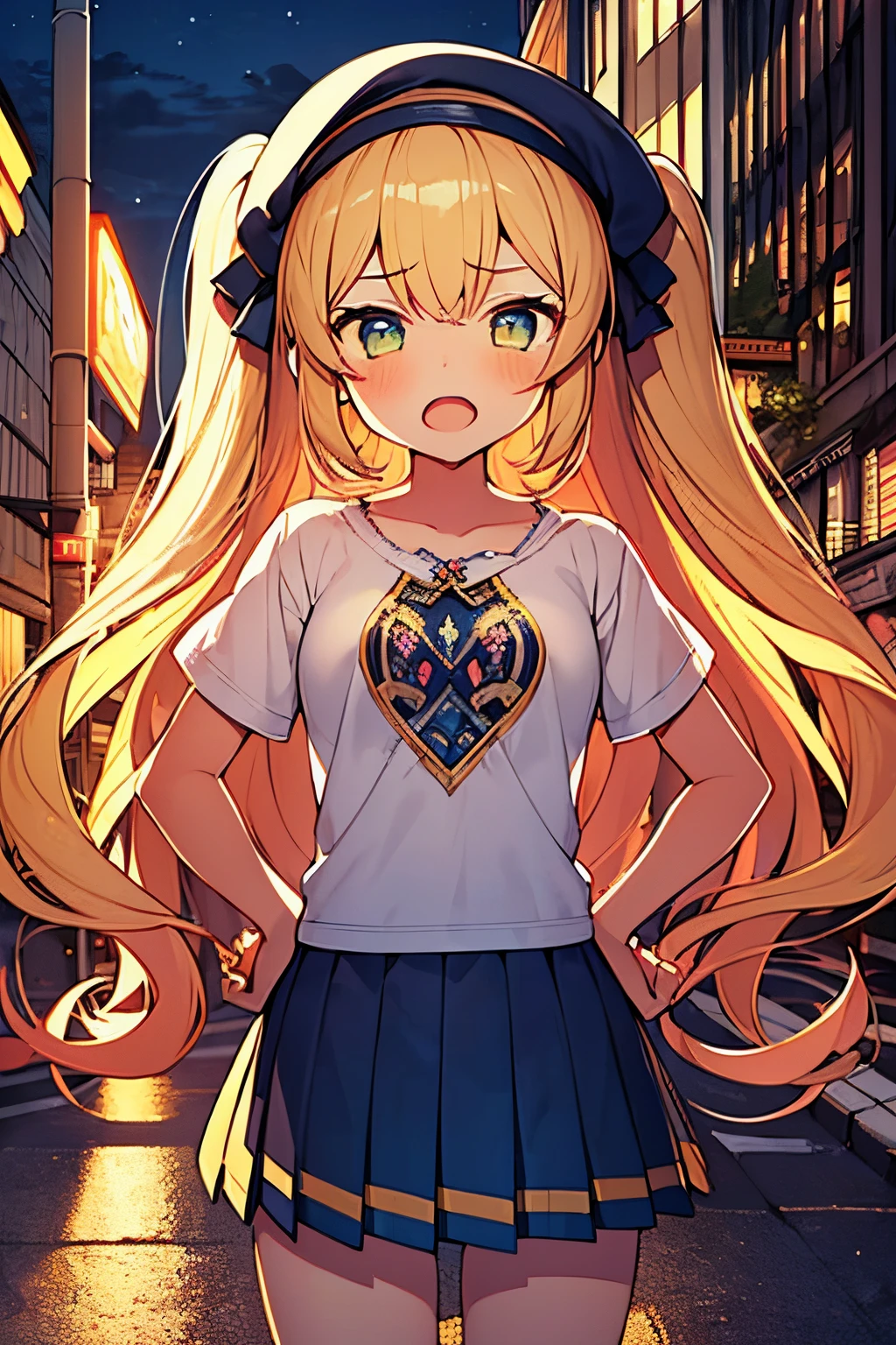 1girl. yellow hair.long hair.short stature. small breast.skirt. (((masterpiece))).(((best quality))).)((ultra-detailed))).(((illustration))).(((night view))).student clothes.magic circles.open mouth.Sad face.beret.up chest.highrise buildings.In the street.put hands on the hip