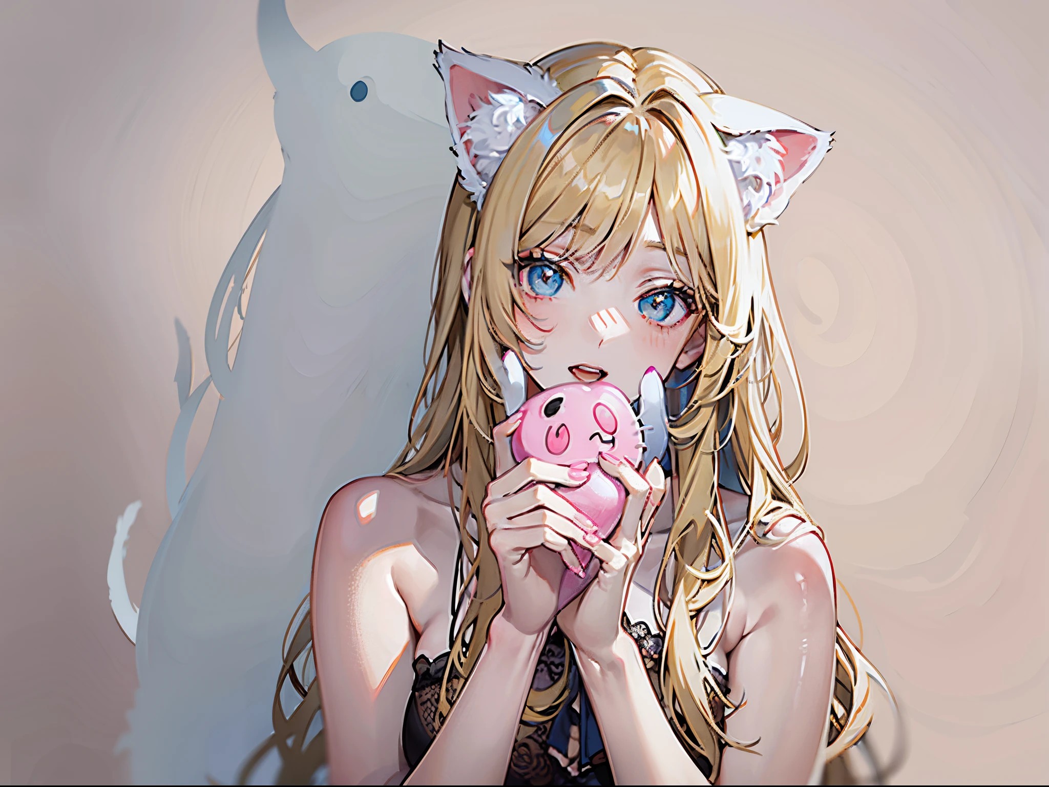 Blonde woman,Has cat ears,Holding pink cat toy in hand, White fox ears, Girl with cat ears, anime cat girl,Beautiful young catwoman, attractive cat girl, woman with cat ears