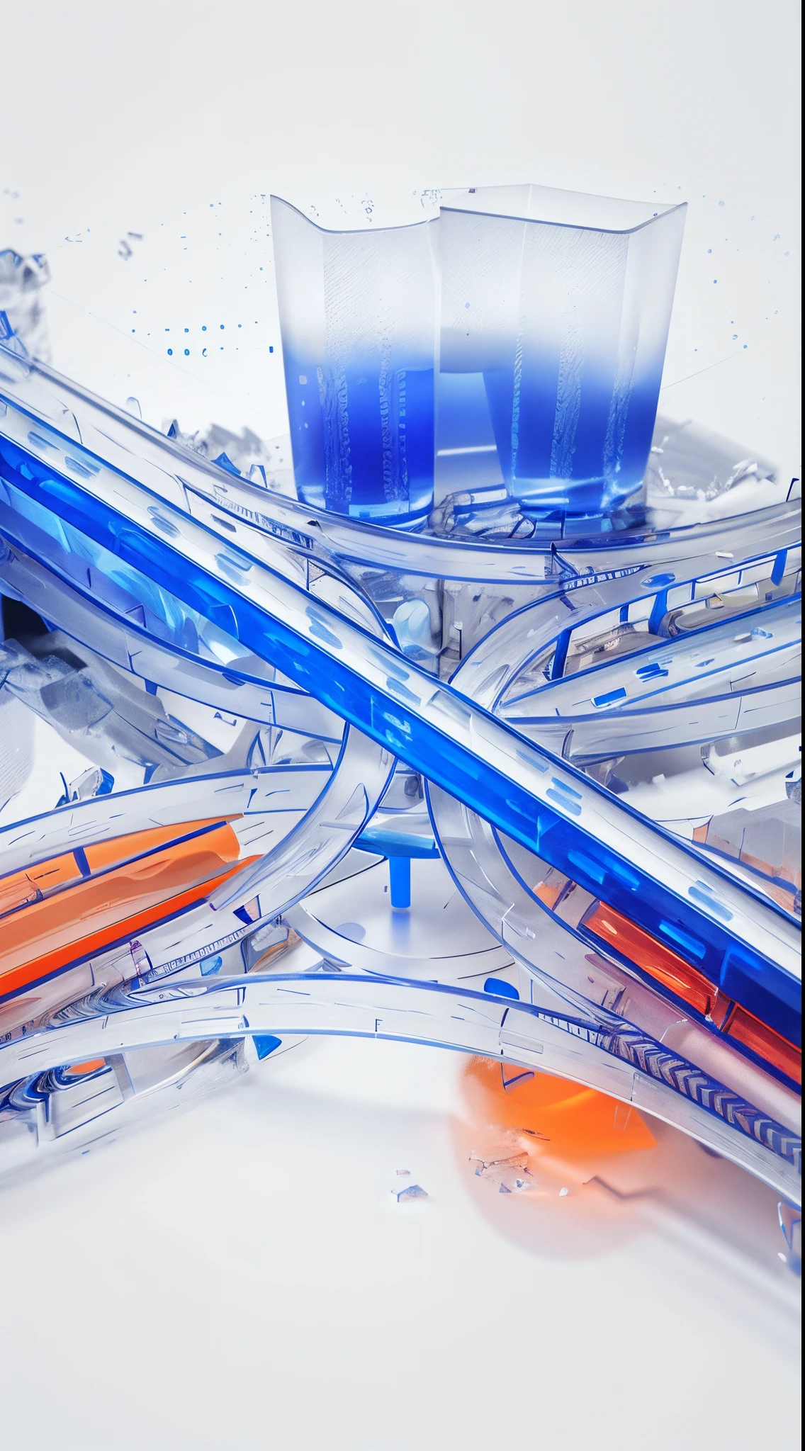 Best quality, Many details,4K, bender,rendering by octane, transparent glass texture，DDicon，Blue-orange，Frosted glass，transparent technology sense，industrial design，White background，Studio lighting，Sunshine，flat，minimal，quasi-object，轴对称