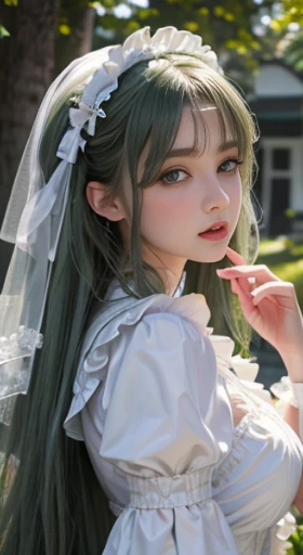 （8K， RAW Photos， best qualtiy， tmasterpiece：1.2），White costume,（realisticlying， photos realistic：1.4)
Lolita costume，takeout,hightquality， highdetailskin， looking at viewert，striated hair,Green eyes,