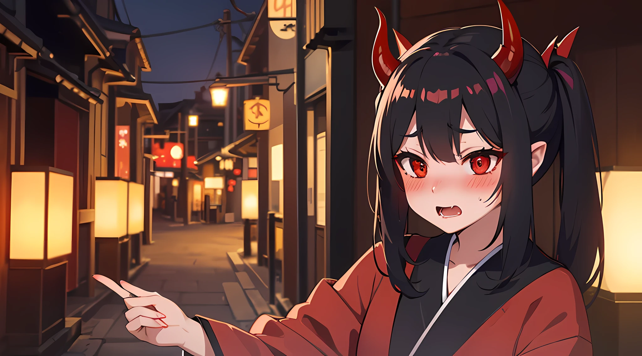 (1 demon girl), front lighting, demon horns, red kimono, detailed face, walking in the tokyo at 1800, black hair, black hairpins, (blushing: 1.5), open mouth, hand,  finger, heart eyes, (half body:0.6), front lighting, 8k, masterpiece, ultra HD,