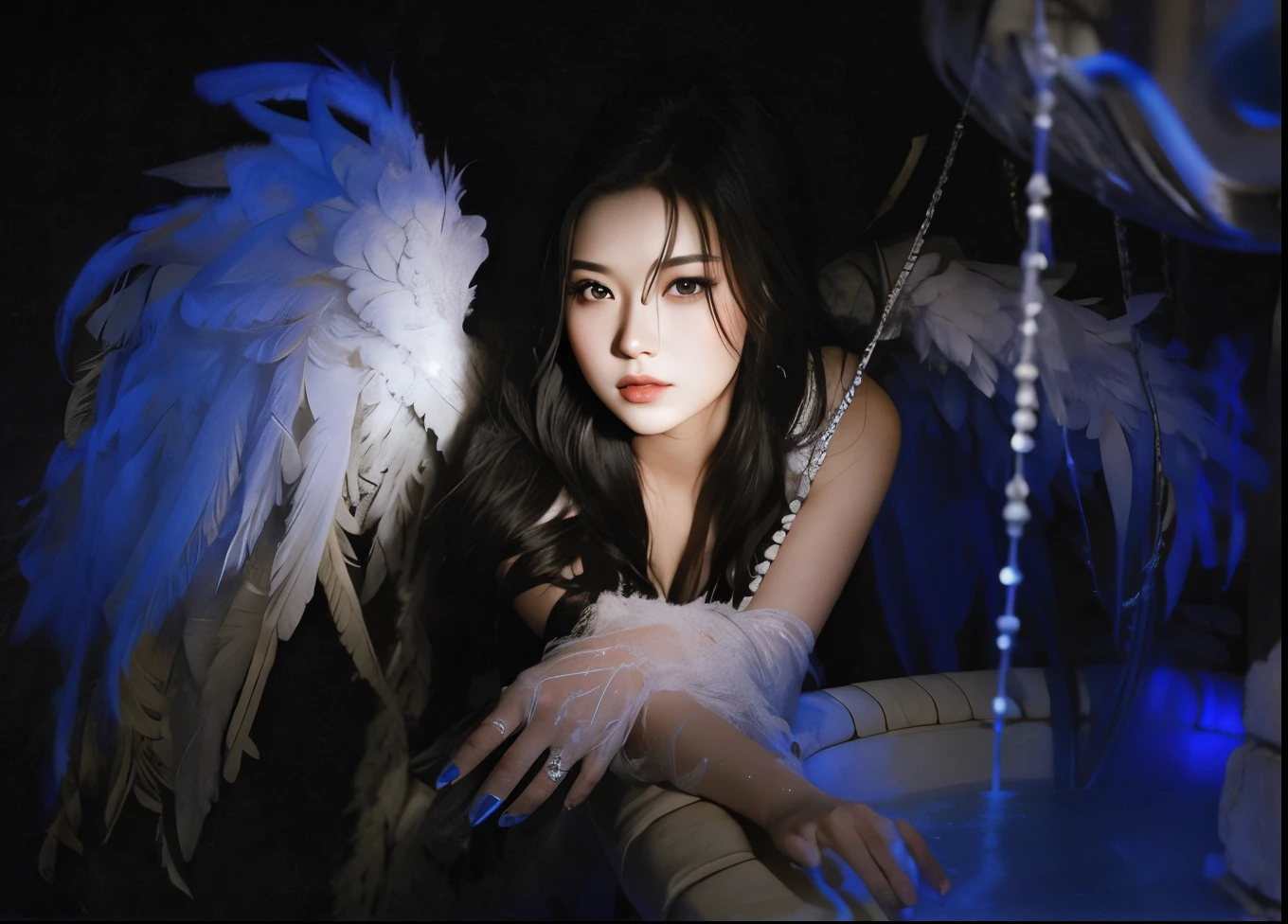 Mujer arafed con plumas blancas y una luz azul., young wan angel, beautiful angel, of beautiful angel, fallen angel, of an beautiful angel girl, angelical, angelicalal, With angelical theme, promo still, Wenfei Ye, photo from a promotional session, Foto promocional, Villainess has black angel wings, one angel, Promocional, Angelic Face, angel