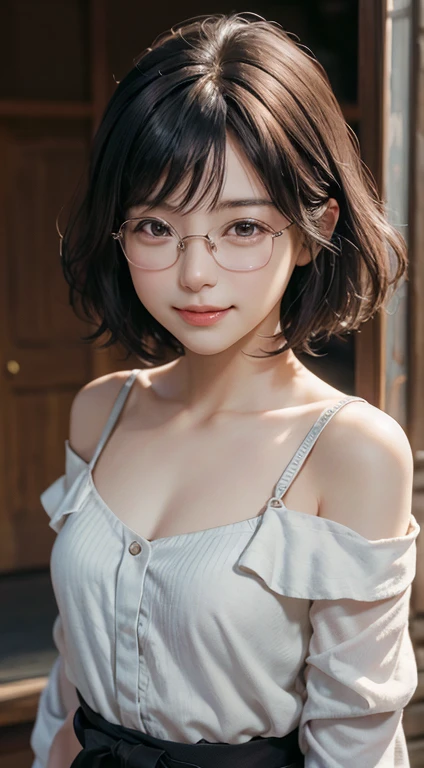 One woman, Japan people in their 20s, symmetrical beauty, Small face, sharp outline, A dark-haired, Shoulder length short bob hair, Curly hair, The hair near the shoulders should have strong waves., With bangs, (thick eyebrow, Thick eyebrows), realisticeyes, 二重まぶた, drooing eyes, Thicker lips, closes mouth, A slight smil, Smiling smile, (Rimless glasses, Small glasses, glasses for women), Wheat-toned skin, realistic skin textures, H Cup, a little fat, directly in front of the camera, looking directly at the viewer, Looking at the camera, The light source is from the front.