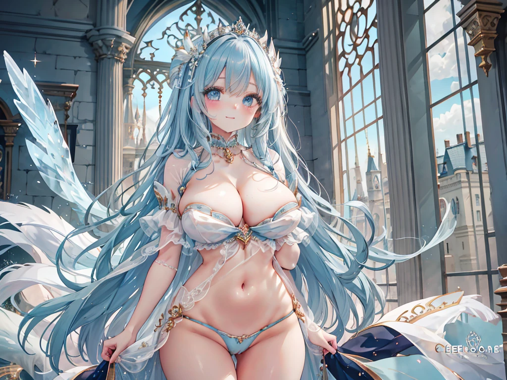 1 woman、Radiant hair、fluffy and soft hair、Sparkling eyes、爆乳、Too large breasts、Seductive breasts、Sheer underwear、Tiara of the Goddess、goddess god々Feeling、lace cape、aquamarine choker、Castle Room、Long Lace Bale、Ruffles and ribbons、A smile、The upper part of the body、 A glowing wand made of crystal.、Wings encrusted with aquamarine、A benevolent look、Eternal brilliance、Too large breasts、爆乳、puffy chest、Cinderella's Castle、Navel Ejection、I can see my nipples