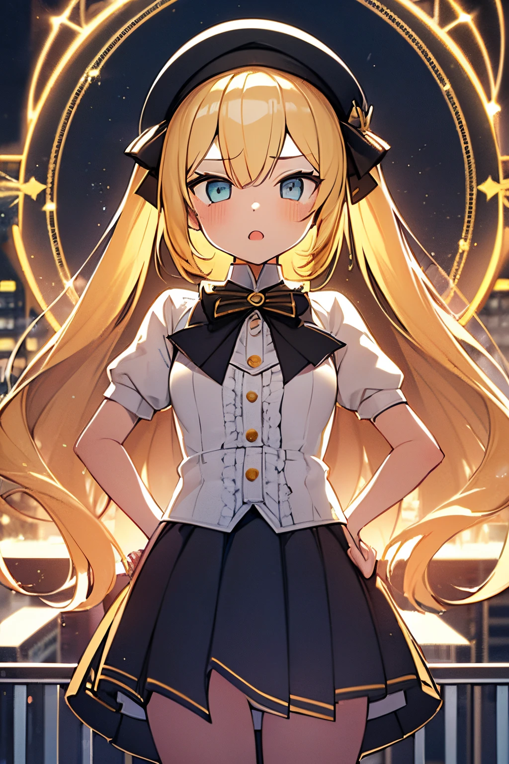 cowboy shot, beautiful eyes, Masterpiece, Best quality, realistic photo, solo1girl, serval, blonde hair, Cat ears, Cat tail, ((leopard spots on:W Arms, White gloves, White shirt. (50% cowboy yellow high waist miniskirt))), High Resolutions, Kemono friends, large firm and round breasts, looking at viewer, orange eyes, tail, high yellow thighs
