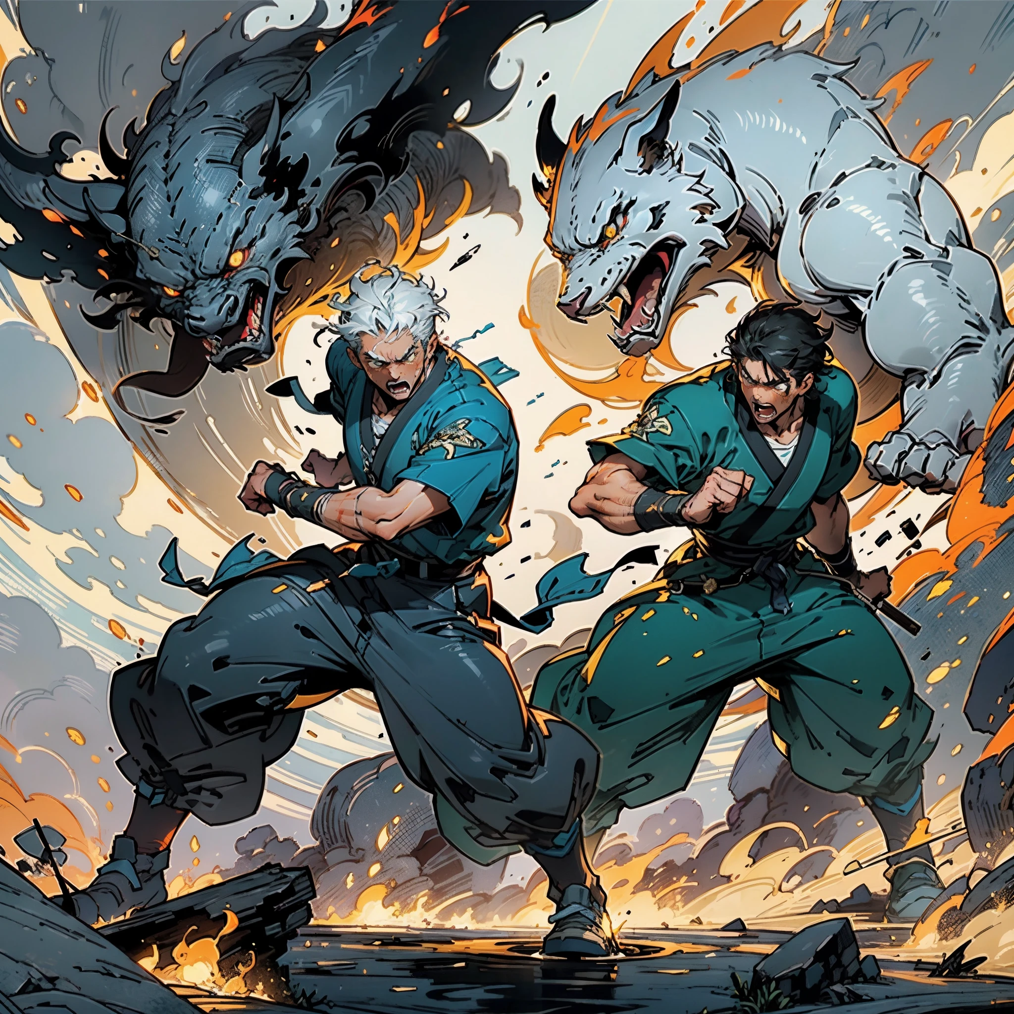 A middle-aged man with golden short hair, an upright hairstyle, thick eyebrows, an angry gaze, an excited expression, open mouth roaring, a robust figure, a sturdy stance, body inclined forward, hands tightly clenched into fists, ready for battle, tattered fantasy-style clothes made of worn-out fabric, coarse fabric trousers, canvas shoes, entire body emits a blood-red fighting spirit energy, powerful energy gathers in his hands, the background depicts a battlefield on a wilderness, this character embodies a finely crafted fantasy-style berserker in anime style, exquisite and mature manga art style, high definition, best quality, highres, ultra-detailed, ultra-fine painting, extremely delicate, professional, anatomically correct, symmetrical face, extremely detailed eyes and face, high quality eyes, creativity, RAW photo, UHD, 8k, Natural light, cinematic lighting, masterpiece-anatomy-perfect, masterpiece:1.5, ((1 man))