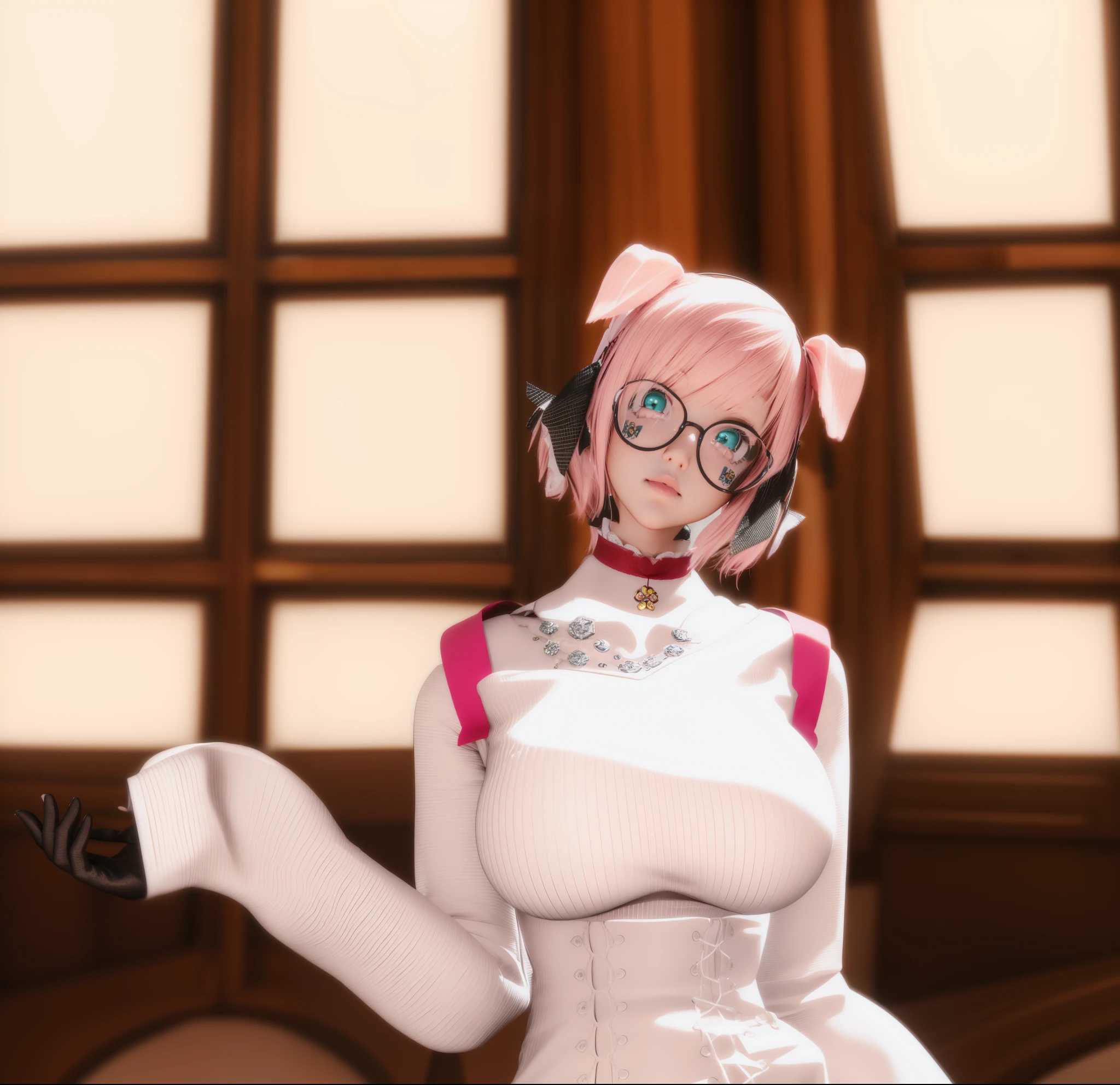 there is a woman in a white dress with pink hair, pink twintail hair and cyan eyes, holding a pudica pose, twintails white_gloves, rin, pudica pose, dressed like a cleric, 8k octae render photo, hints of yayoi kasuma, ( ( 3 d render ) ), 2b, 2 b