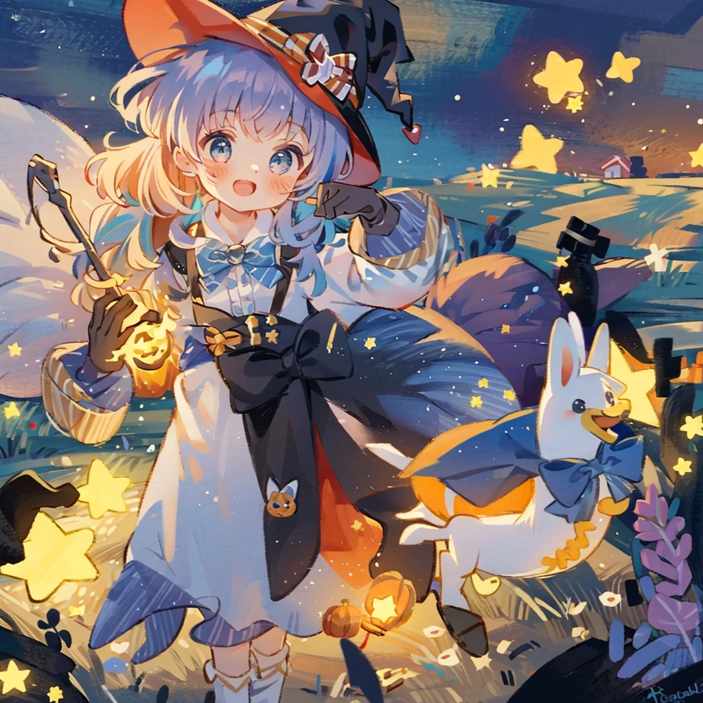 ((masterpiece:1.2, best quality)), 1girl, solo, (witch hat), a close up of a girl with curly hair, dress, aurora, night, star (sky), gloves, sky, dress, night sky, open mouth, starry sky, light blue eyes, ribbons, smile, cape, colorful hair, magic, casting spell, night, (impressionism:1.4), alphonse mucha, Halloween colors, colorful candy, magical lights, pumpkins, candies