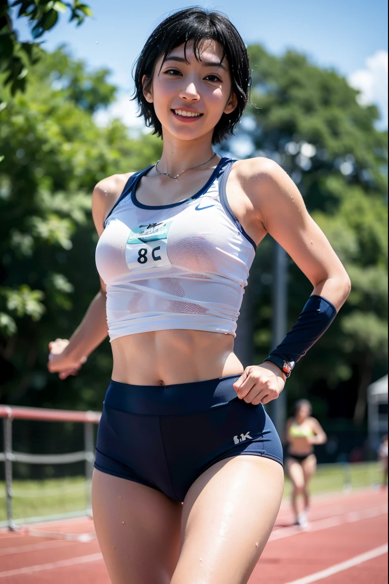 (masutepiece: 1.3), (8K, Photorealsitic, Raw photography, Best Quality: 1.4), A Japanese Lady、Muffin Tops, wide and fat hips, Micro Bikini: 1.2, ultra detail face, Narrow-eyed,drooing eyes, lean forward towards your chest, foco nítido: 1.2, Dark hair, Best Quality, masutepiece, 超A high resolution, (Photorealsitic: 1.4), very detailed and professional lighting smile, Playground background, Track and field athletes doing running, Tight white crop top, White Running Shorts, Mass sweat, A smile、 very short-haired、Swaying udder、Wet whole body