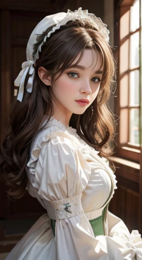 Young girl, posing for a photo, long curly hair, big breasts, wearing a white dress, delicate face