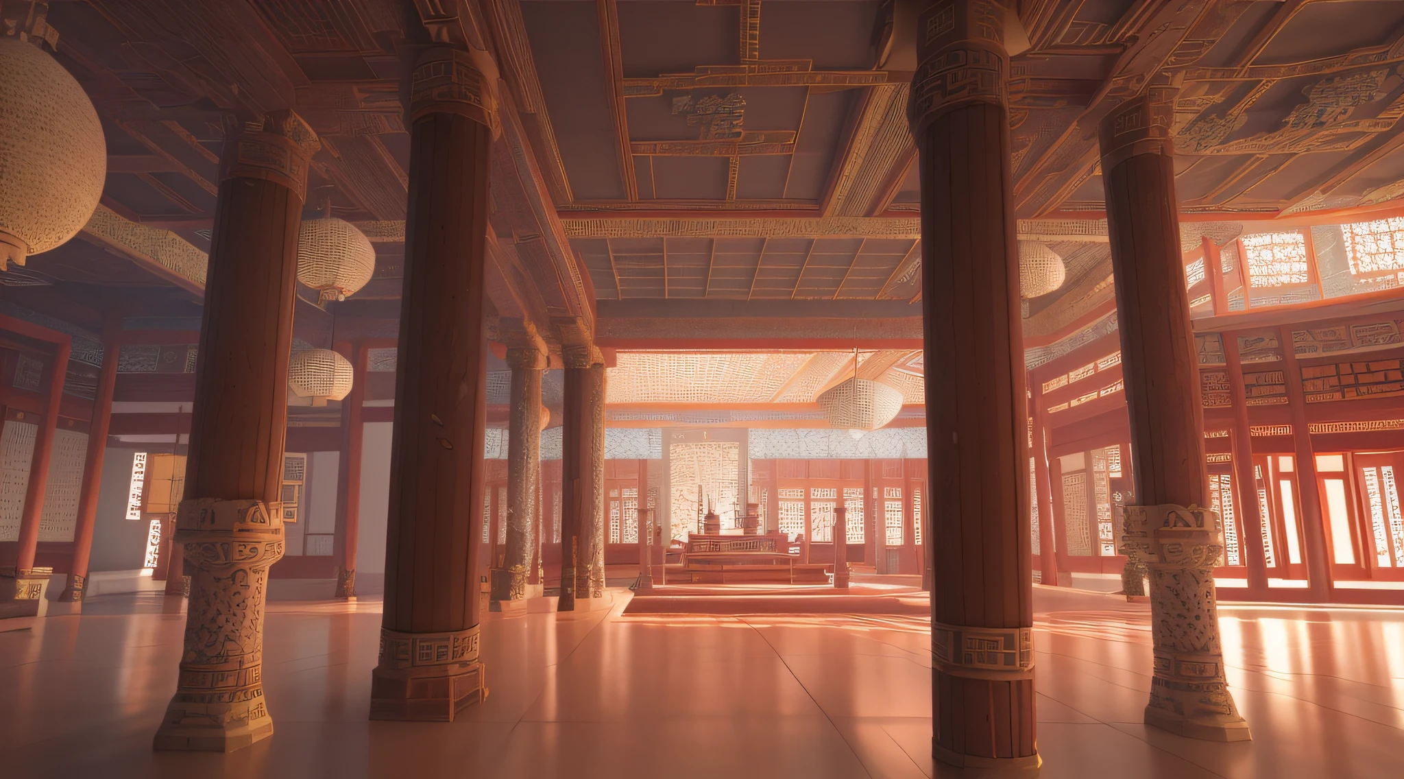 Arafa view of the hall with columns and ceiling, Beautiful rendering of the Tang Dynasty, cyberpunk japanese temple, japonisme 3d 8k super detailed, Cyberpunk ancient Chinese castle, jpn. Volumetriclighting, render in unreal engine 5, rendered in unreal 5, detailed cinematic rendering, akihiko yoshida. unreal-engine, Rendered in Unreal Engine 4K HQ