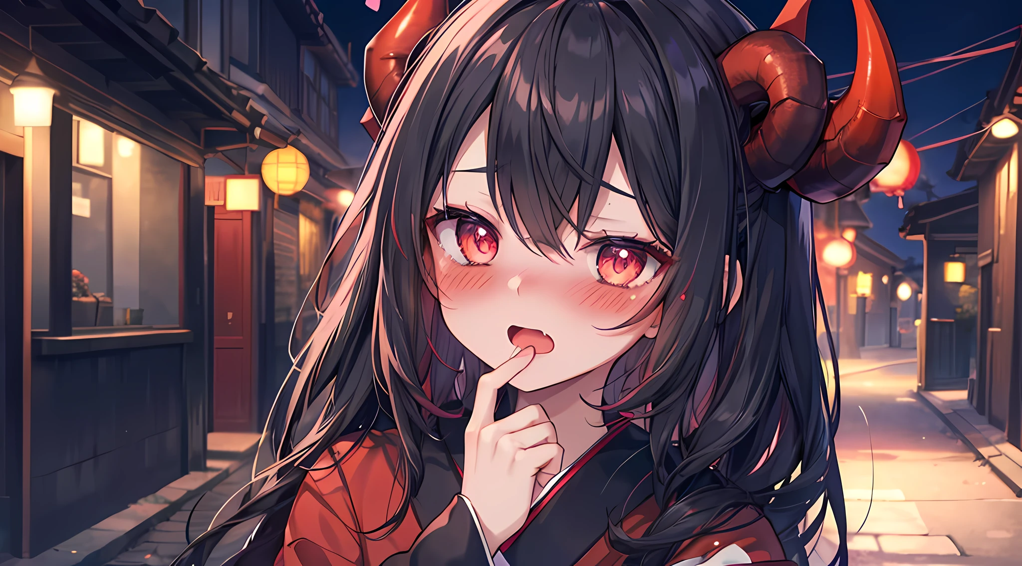 (1 demon girl), front lighting, demon horns, red kimono, detailed face, walking in suburbs area at year 1800, black hair, black hairpins, (blushing: 1.5), open mouth, hand, licking finger, heart eyes, (half body:0.6), front lighting, 8k, masterpiece, ultra HD,