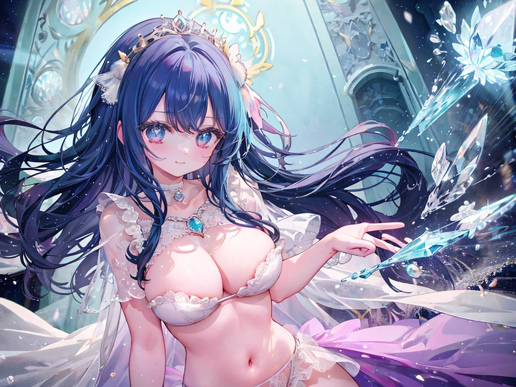 1 woman、Radiant hair、fluffy and soft hair、Sparkling eyes、爆乳、Too large breasts、Seductive breasts、Sheer underwear、Tiara of the Goddess、goddess god々Feeling、lace cape、aquamarine choker、Castle Room、Long Lace Bale、Ruffles and ribbons、A smile、The upper part of the body、 A glowing wand made of crystal.、Wings encrusted with aquamarine、A benevolent look、Eternal brilliance、Too large breasts、爆乳、puffy chest、Cinderella's Castle、Navel Ejection、I can see my nipples