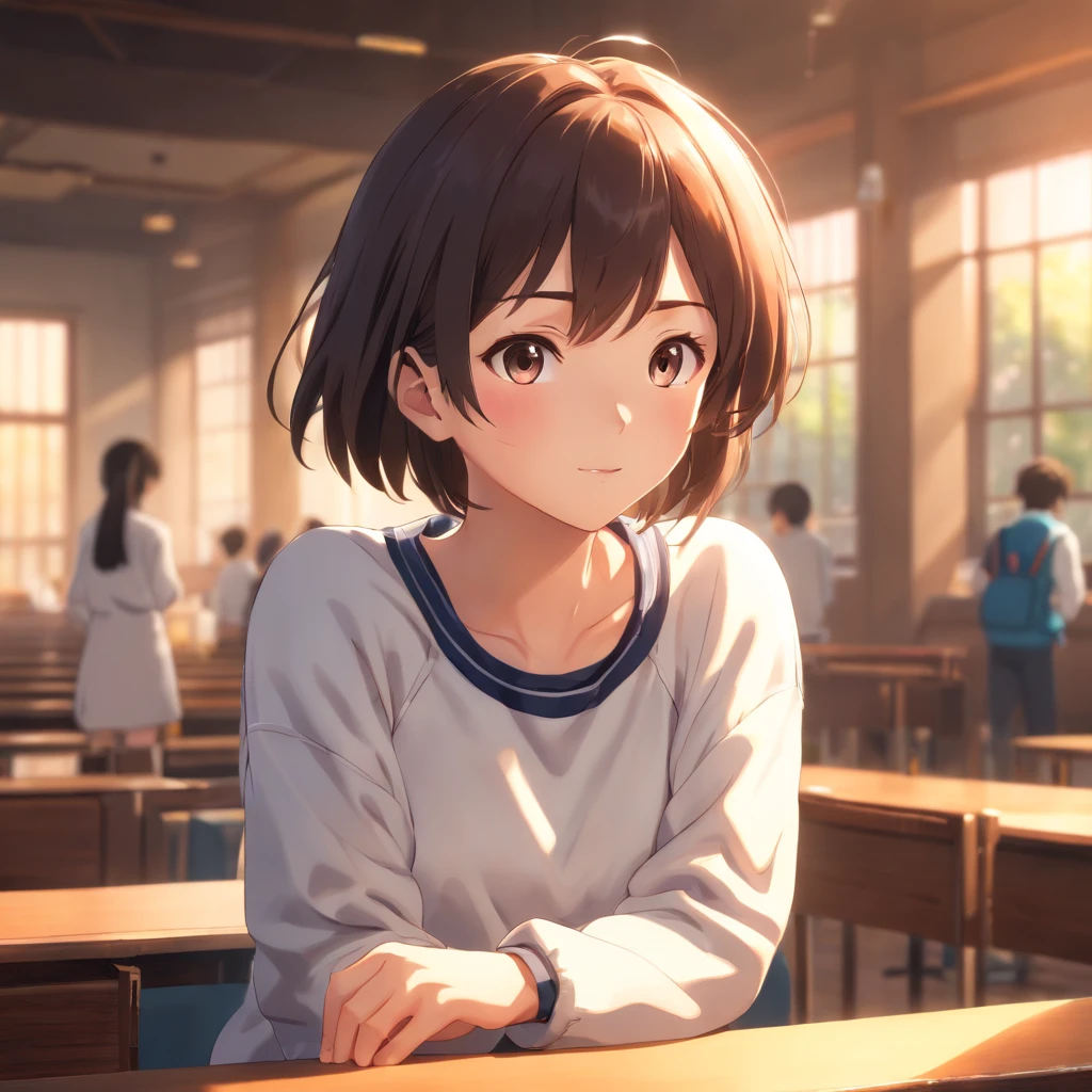 ((of the highest quality, 8K,Raw photo)), (Realistic, Photorealistic: 1.37), (Face Focus: 1.1), Small breasts, flat chest, Short hair, A Japanese Lady、High school students、Japan school uniform、(white sweatshirt: 1.1)、Skirt, Sitting, Arms up, From below, Sunlight, Movie Lighting,