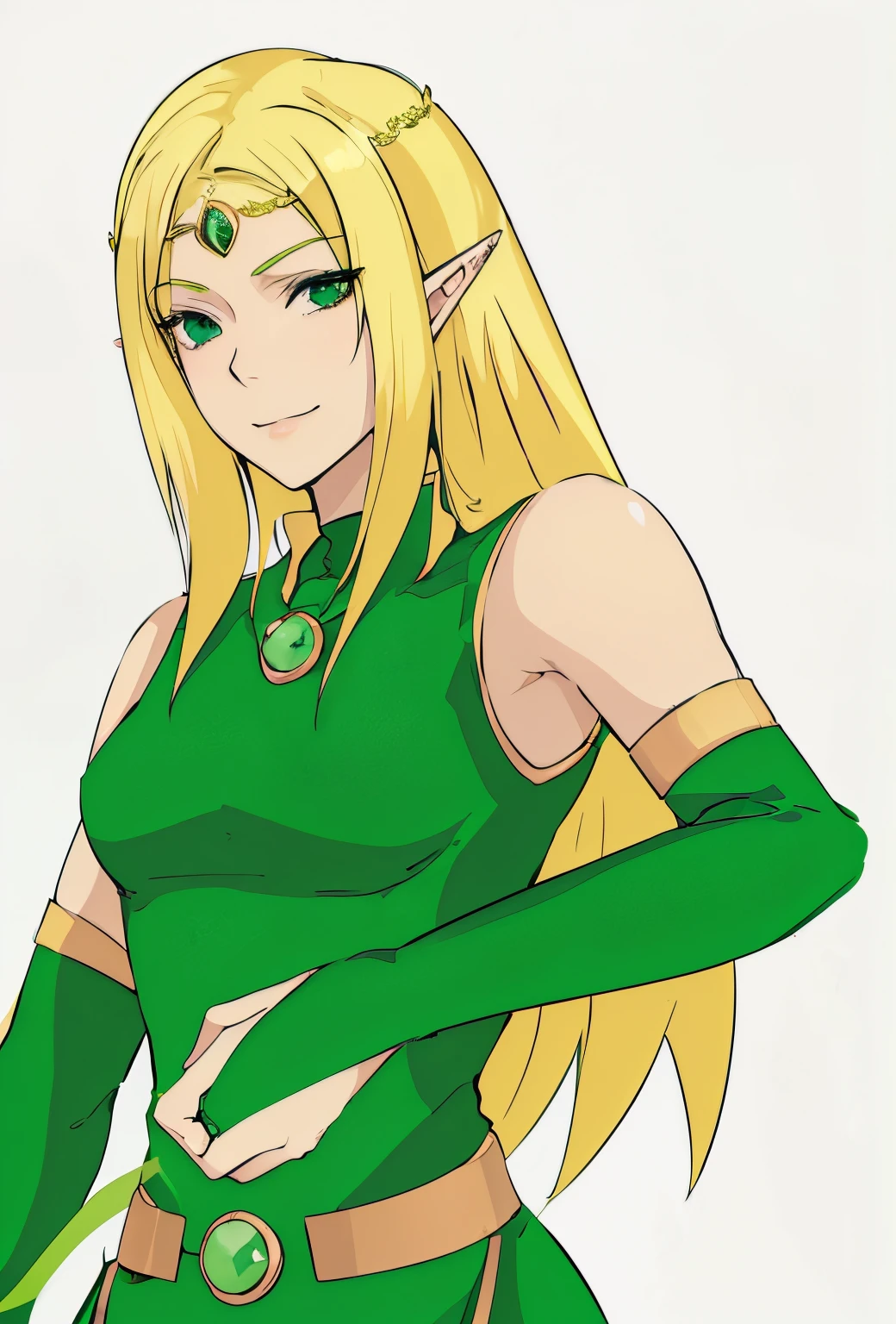 Anime blond girl with sharp ear in a green outfit, elf girl, elven character with smirk, a blonde emerald warrior, elf princess, female elf, (((mad))) elf princess, elven princess, elven, alluring elf princess knight, elf princess knight, side portrait of elven royalty, centered elven, colored lineart, an elf queen