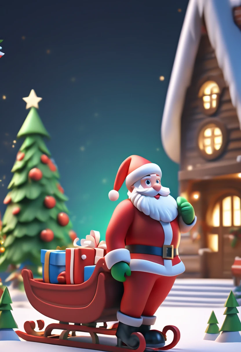 Disney style,Christmas, cartoon Christmas man, red clothes, At night, on the snow, Santa Claus stood on a sled, carrying a large brown sack filled with gifts. Several green Christmas trees grew around him,3D icon, clay material isometric, 3D rendering, smooth ashiny! Cute girly style,realistic use of light and color, soft gradient, Nintendo trendy, best details, higdefinition, high resolution,hyper quality, Ultra HD, 8k, ultra detoiled