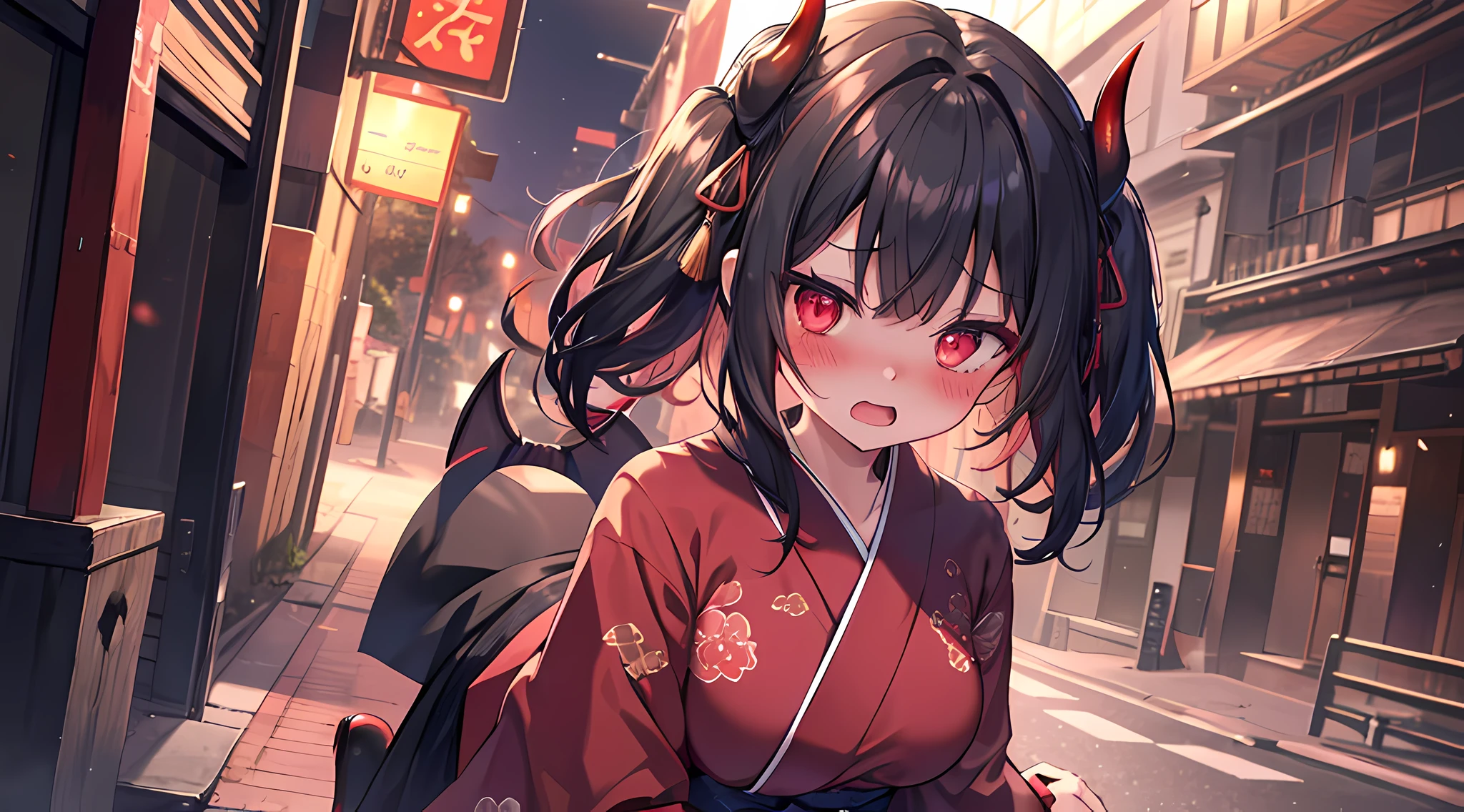 (1 demon girl), front lighting, demon horns, red kimono, big breast, detailed face, walking in suburbs area at year 1800, black hair, black hairpins, (blushing: 1.5), open mouth, hand, licking finger, heart eyes, (full body except foot), front lighting, 8k, masterpiece, ultra HD,