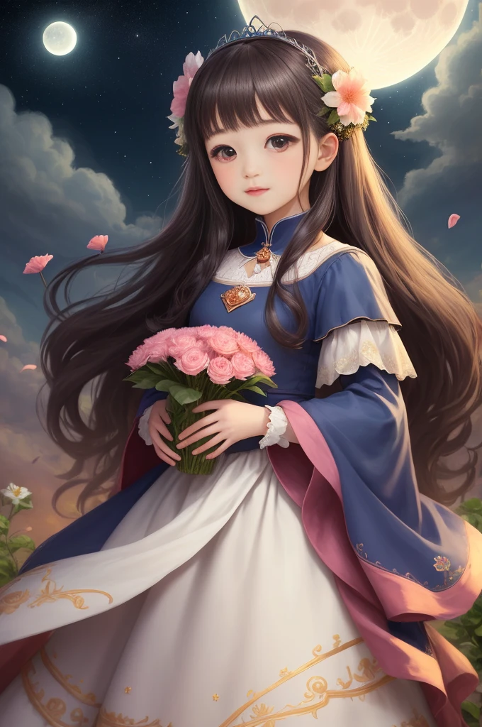 Girl like princess with moon and flower background