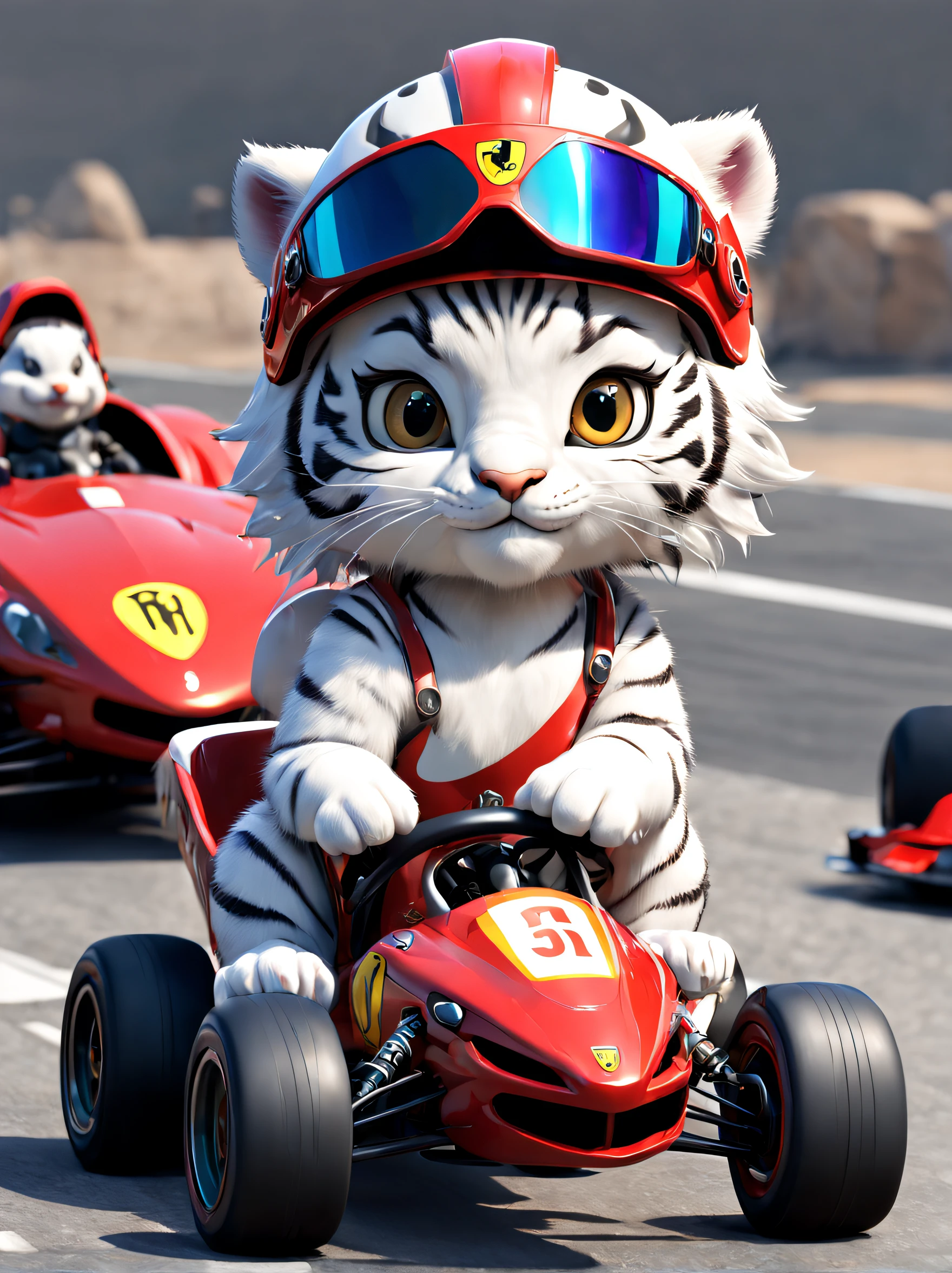 3D character of a cute white tiger，Face、Legs and arms，Wearing a racing helmet,kawaii,cartoonish style, full bodyesbian, Very detailed colors,super adorable , Driving a red Ferrari kart，Big turbine and racing rear wing， full bodyesbian, by Pixar, 3D, c4d, Blander, unreal-engine, 8K, Overclocked renderer, Best quality at best, super cute duck， Bubble Mart IP, Bubble Mart