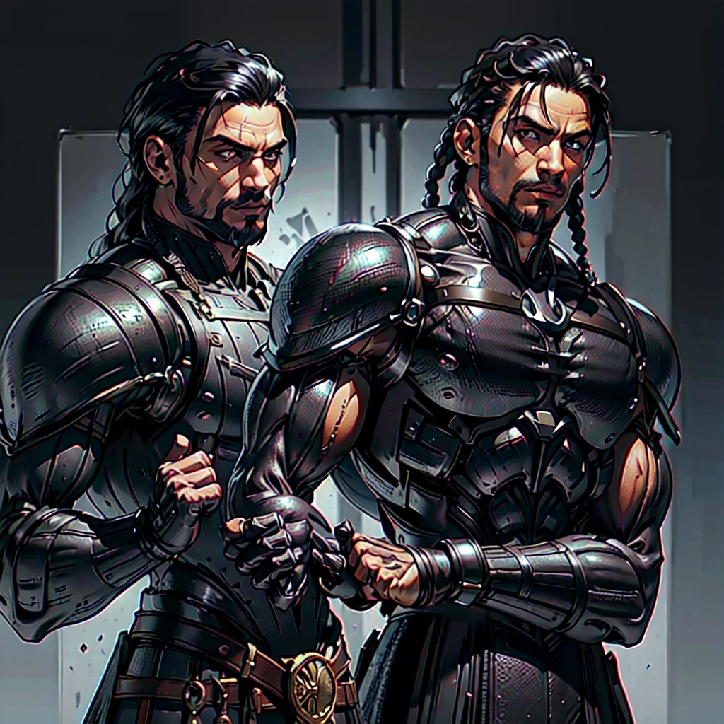 (diegodoa , male), dynamic pose, ((close-up)), ((Black matte armor, )), (masterpiece, best quality), dslr,, ((Viking Locs)), black hair), brown Eyes, High resolution, Ultra-pointu, 16k, Masterpiece, three sided view,