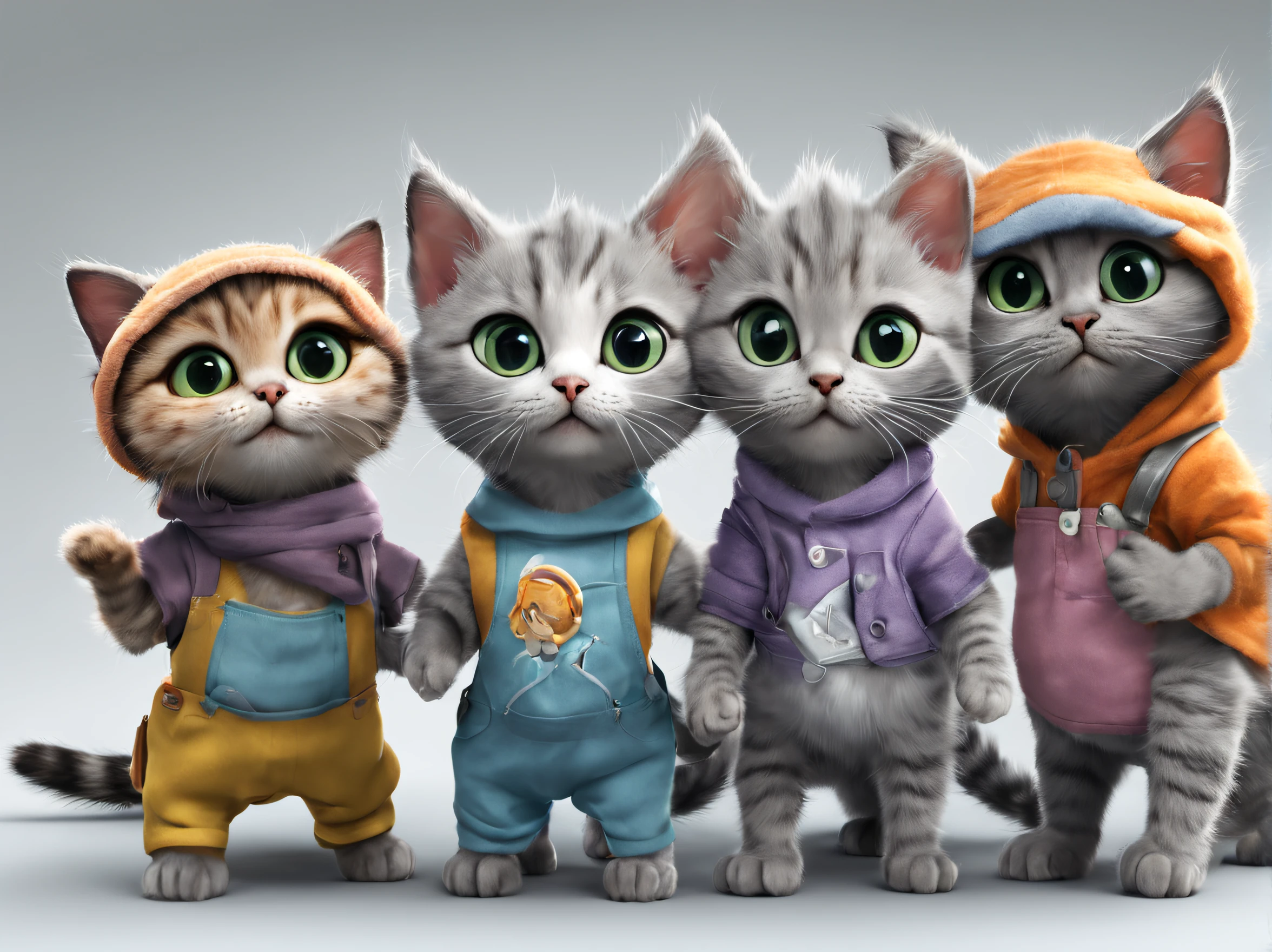 A group of cute gray kittens wearing cute little clothes， Pixar and DreamWorks movie style --v 4 --q 2