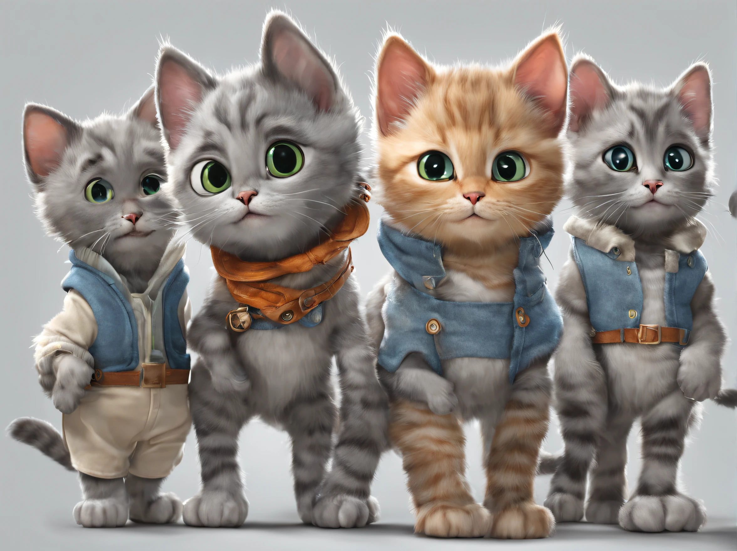 A group of cute gray kittens wearing cute little clothes, Pixar and DreamWorks movie style --v 4 --q 2