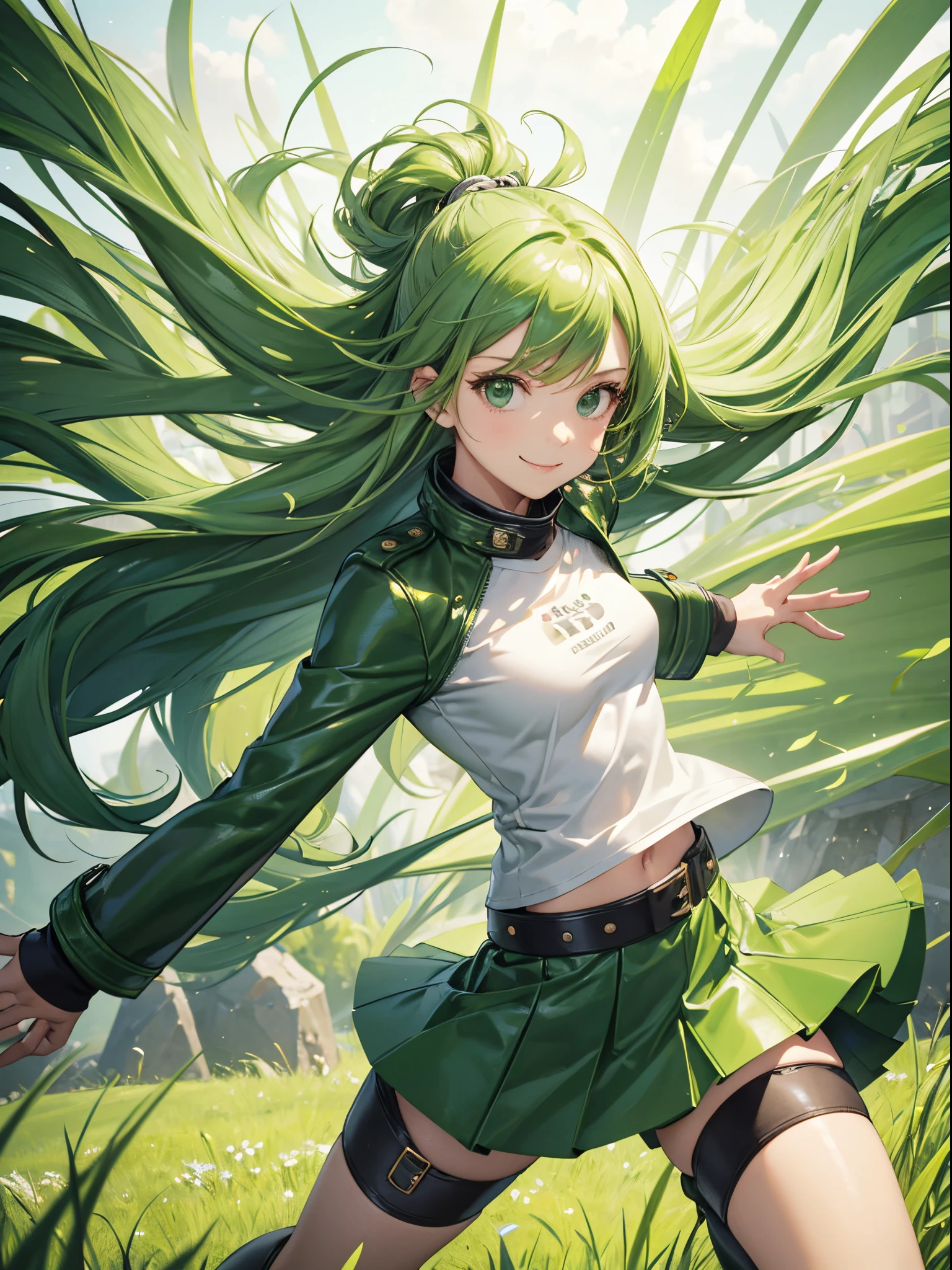 master piece,best quality, Solo woman, cute, dynamic pose, green leather jacket, white tight T-shirt, green tight skirt, shy smile, green hair, long hair, waving in a strong wind hair, green grassland