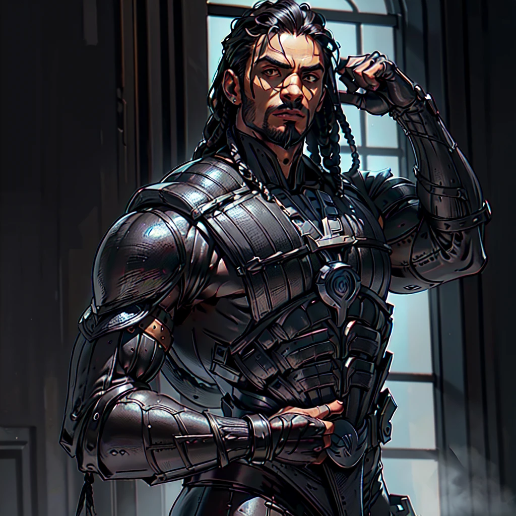 (diegodoa , male), dynamic pose, ((close-up)), ((Black matte armor, )), (masterpiece, best quality), dslr,, ((Viking Locs)), black hair), brown Eyes, High resolution, Ultra-pointu, 16k, Masterpiece, three sided view,
