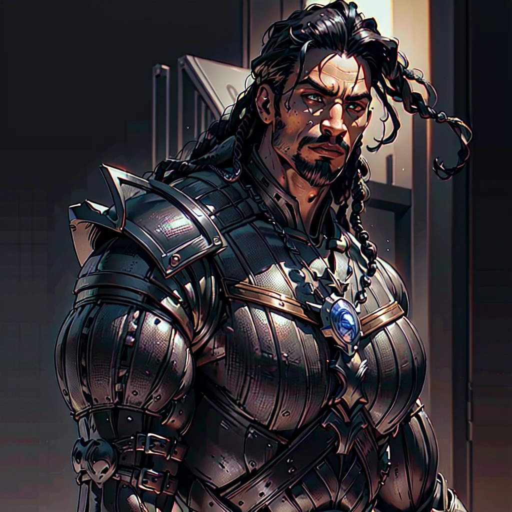 (diegodoa , male), dynamic pose, ((close-up)), ((Black matte armor, )), (masterpiece, best quality), dslr,, ((Viking Locs)), black hair), brown Eyes, High resolution, Ultra-pointu, 16k, Masterpiece, three sided view,