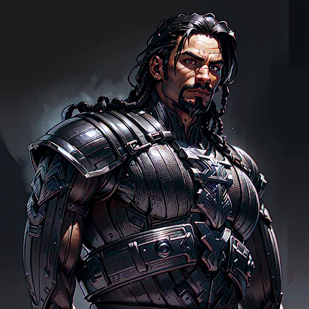 (diegodoa , male), dynamic pose, ((close-up)), ((Black matte armor, )), (masterpiece, best quality), dslr,, ((Viking Locs)), black hair), brown Eyes, High resolution, Ultra-pointu, 16k, Masterpiece, three sided view,